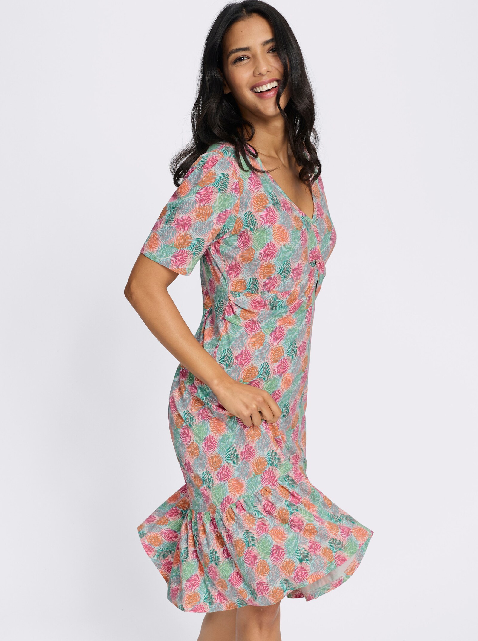 Jerseykleid mit Deko-Knoten - ozean-fuchsia-bedruckt