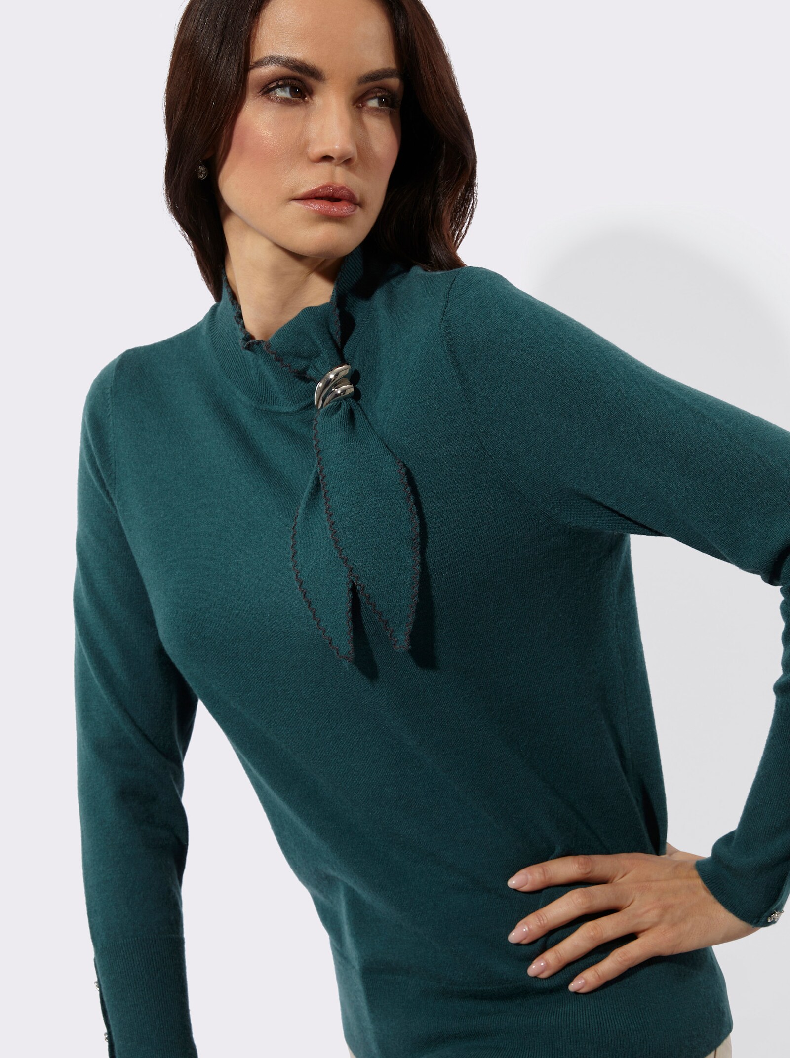 Stehkragenpullover mit modischer Schluppe - petrol