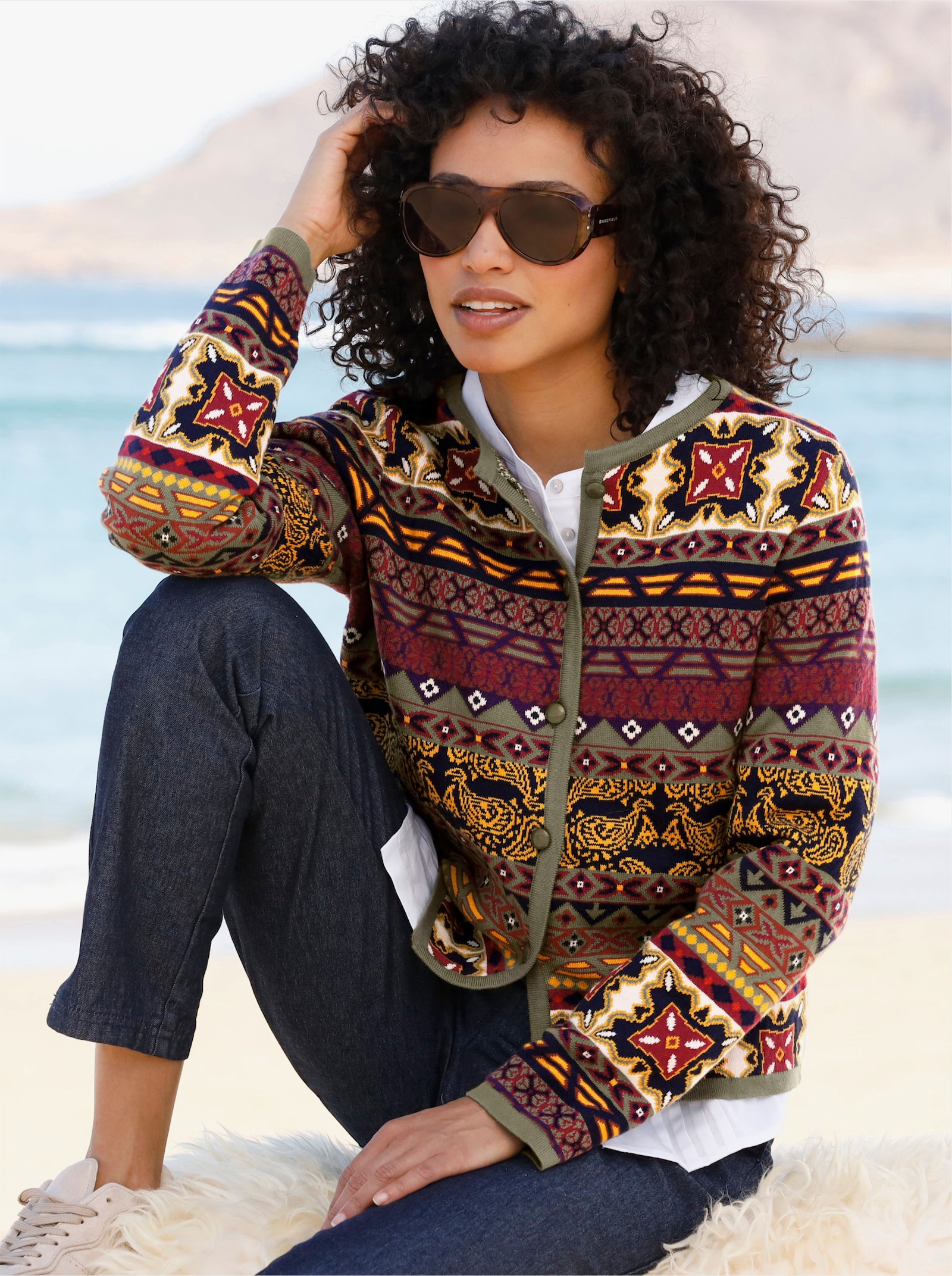 heine Jacquardvest in bonte kleurenmix - marine/oker gedessineerd