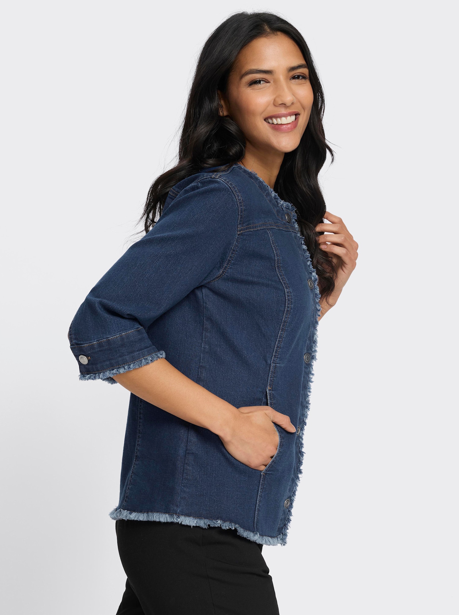 Jeansjacke mit Fransen - blue-stone-washed