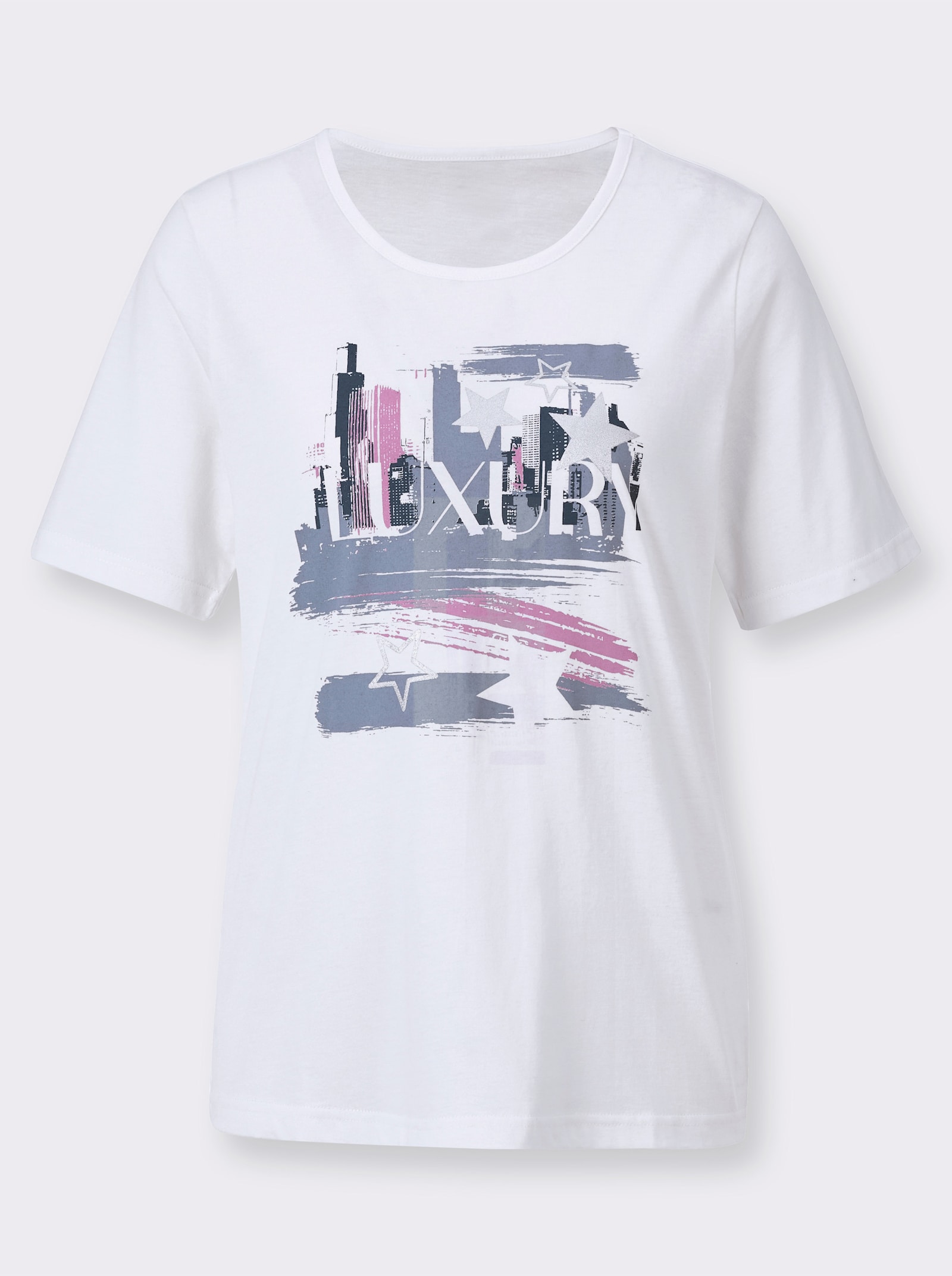 Shirt met korte mouwen en folieprint - ecru/jeansblauw