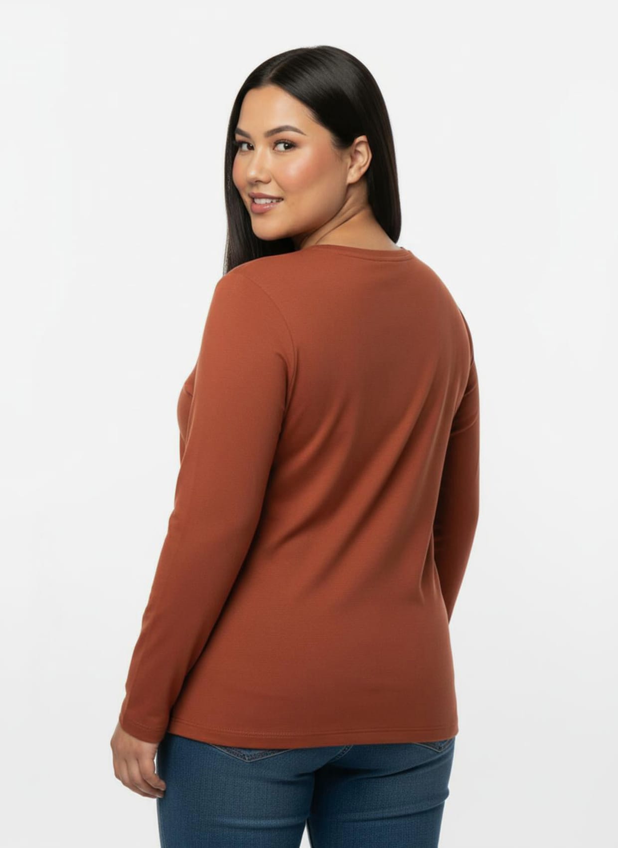 Longsleeve mit paspeliertem Rundhals-Ausschnitt - rostrot