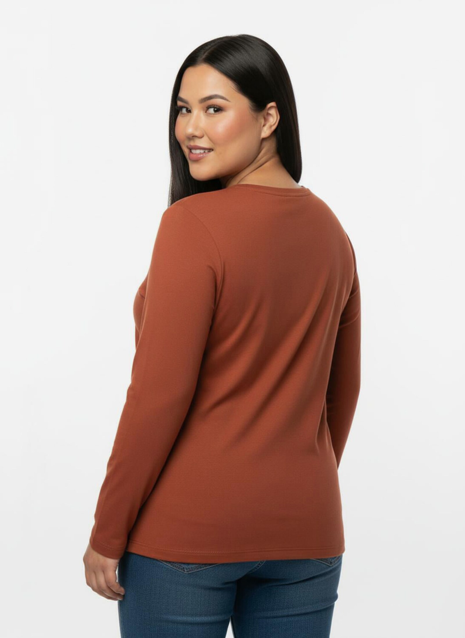 Longsleeve mit paspeliertem Rundhals-Ausschnitt - rostrot