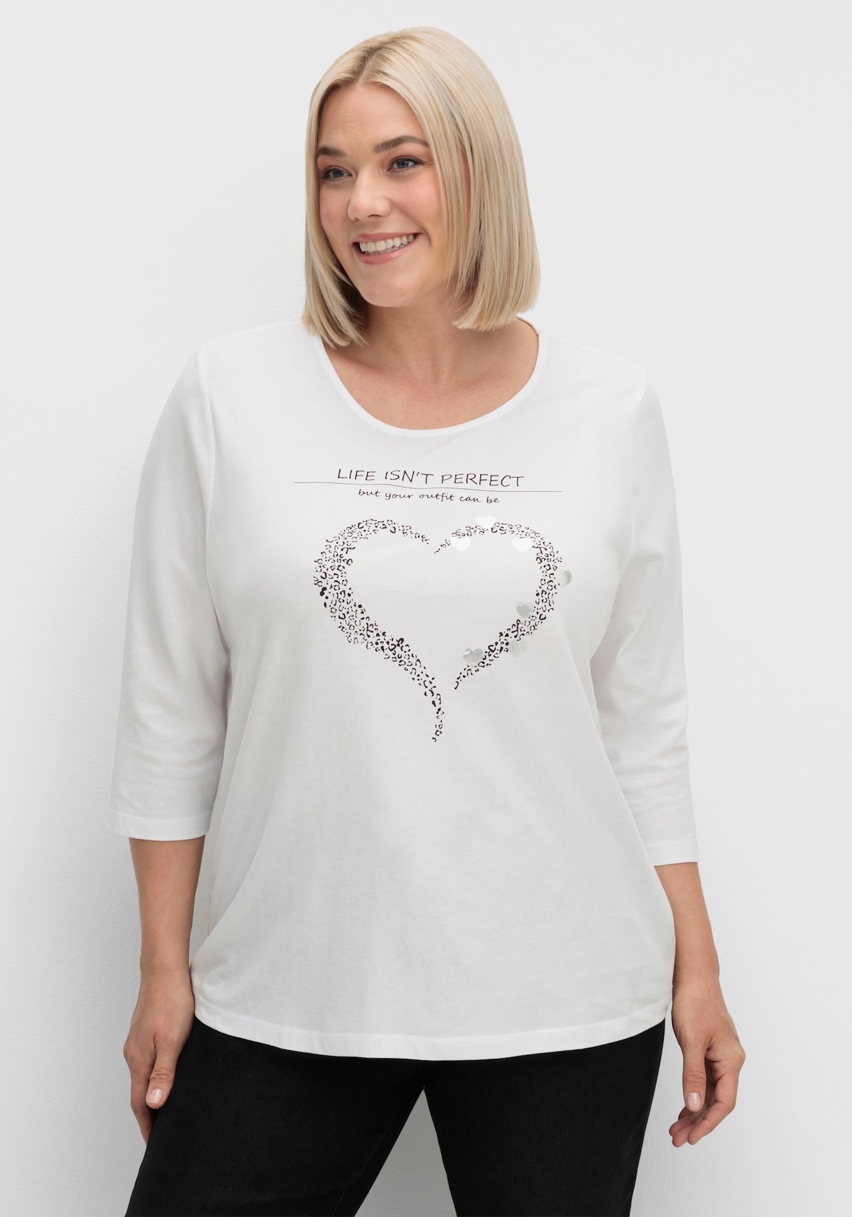 3/4-Arm-Shirt mit Herz-Motiv - ecru-schwarz