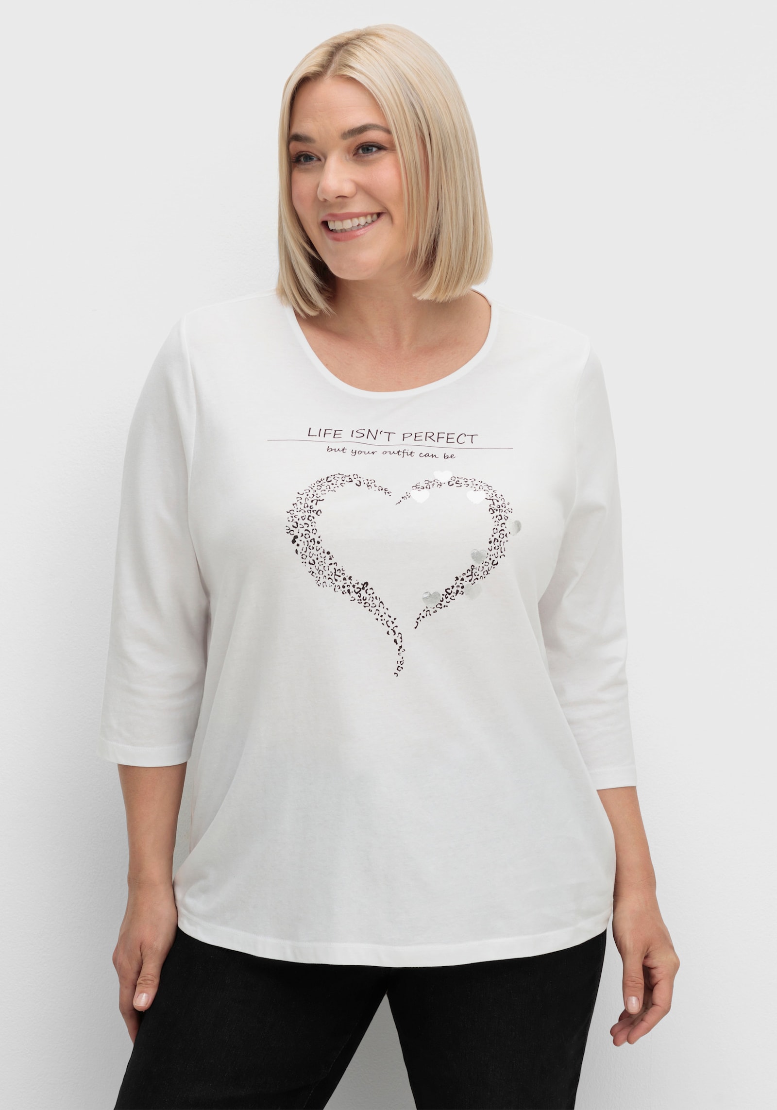 3/4-Arm-Shirt mit Herz-Motiv - ecru-schwarz