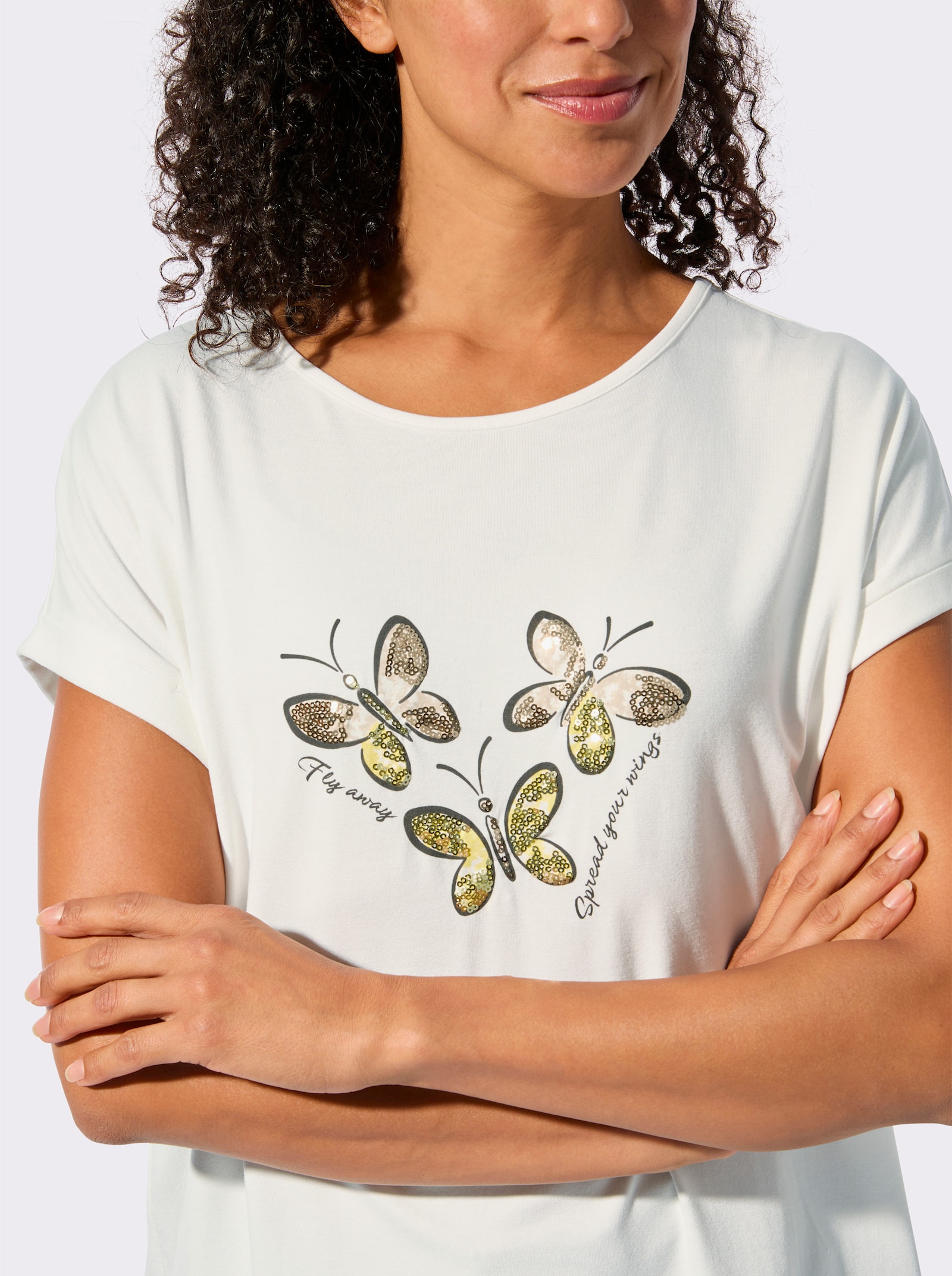 Rundhalsshirt mit Pailletten-Verzierung - ecru