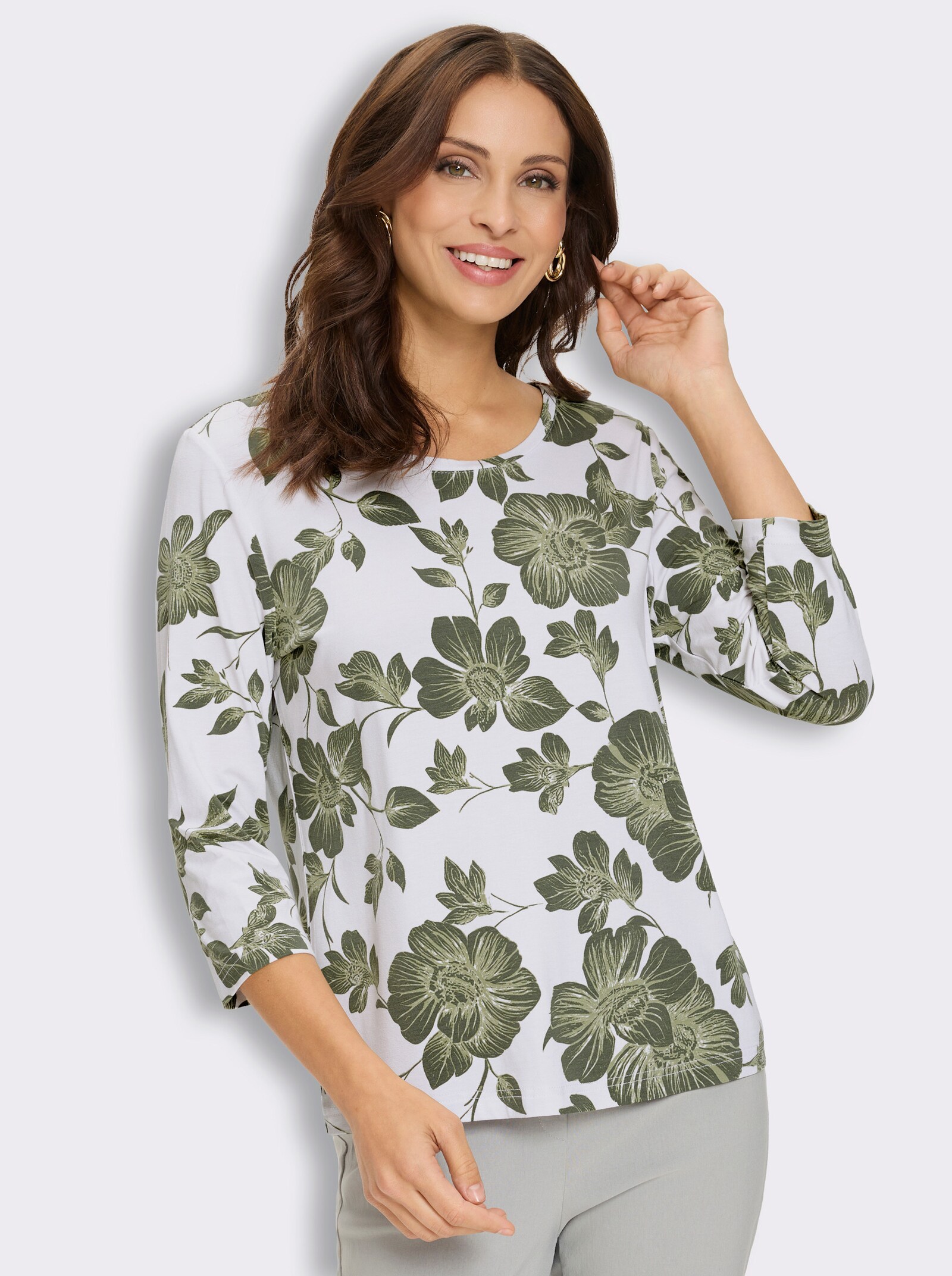 Print-Shirt im Blütendessin - weiß-khaki-bedruckt