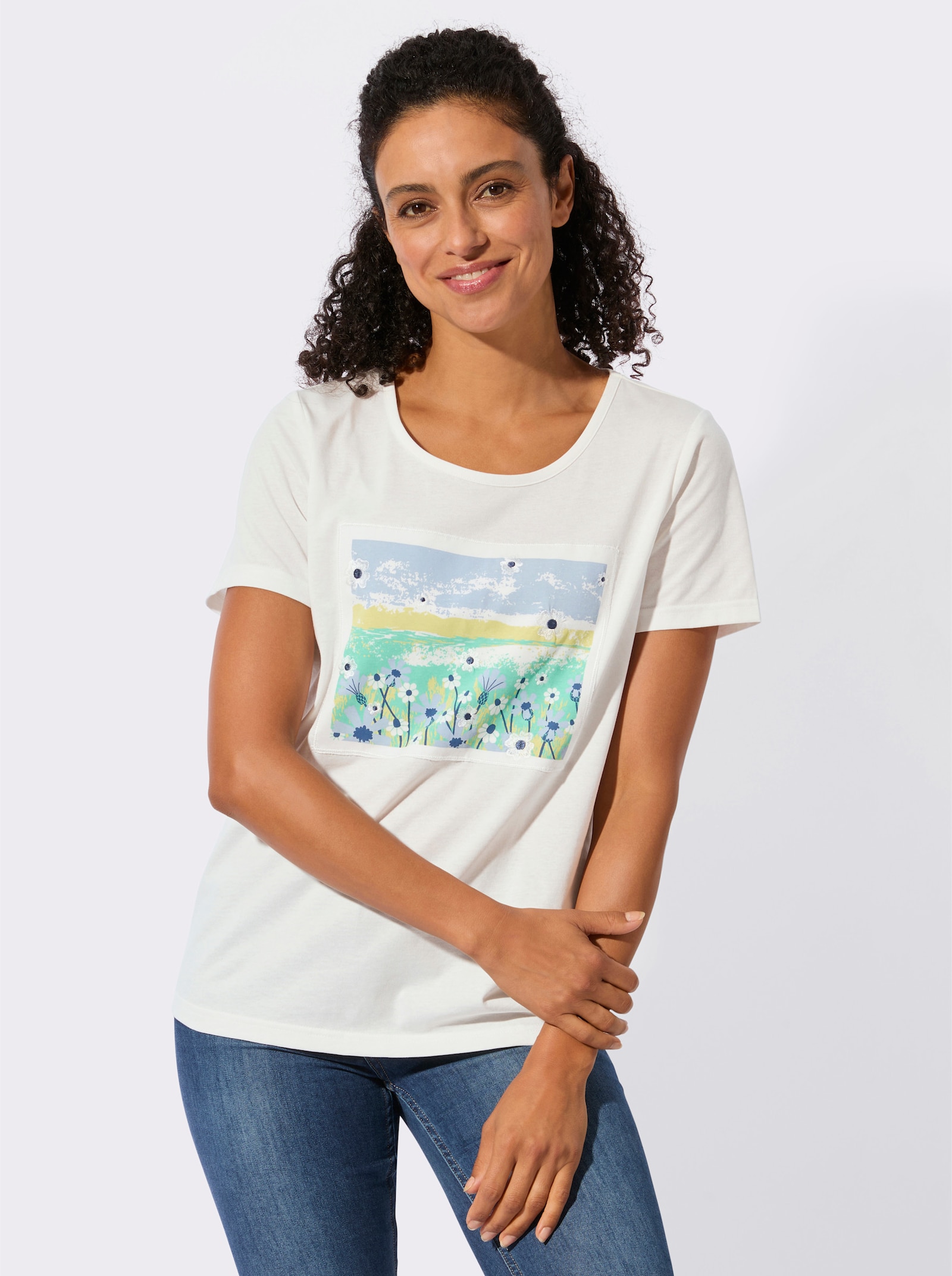 T-Shirt mit Druck und Stickerei - ecru