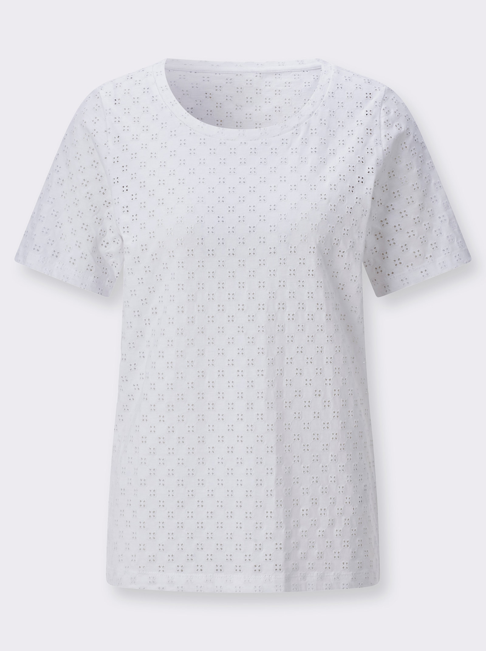Rundhalsshirt mit Loch-Stickerei - weiß