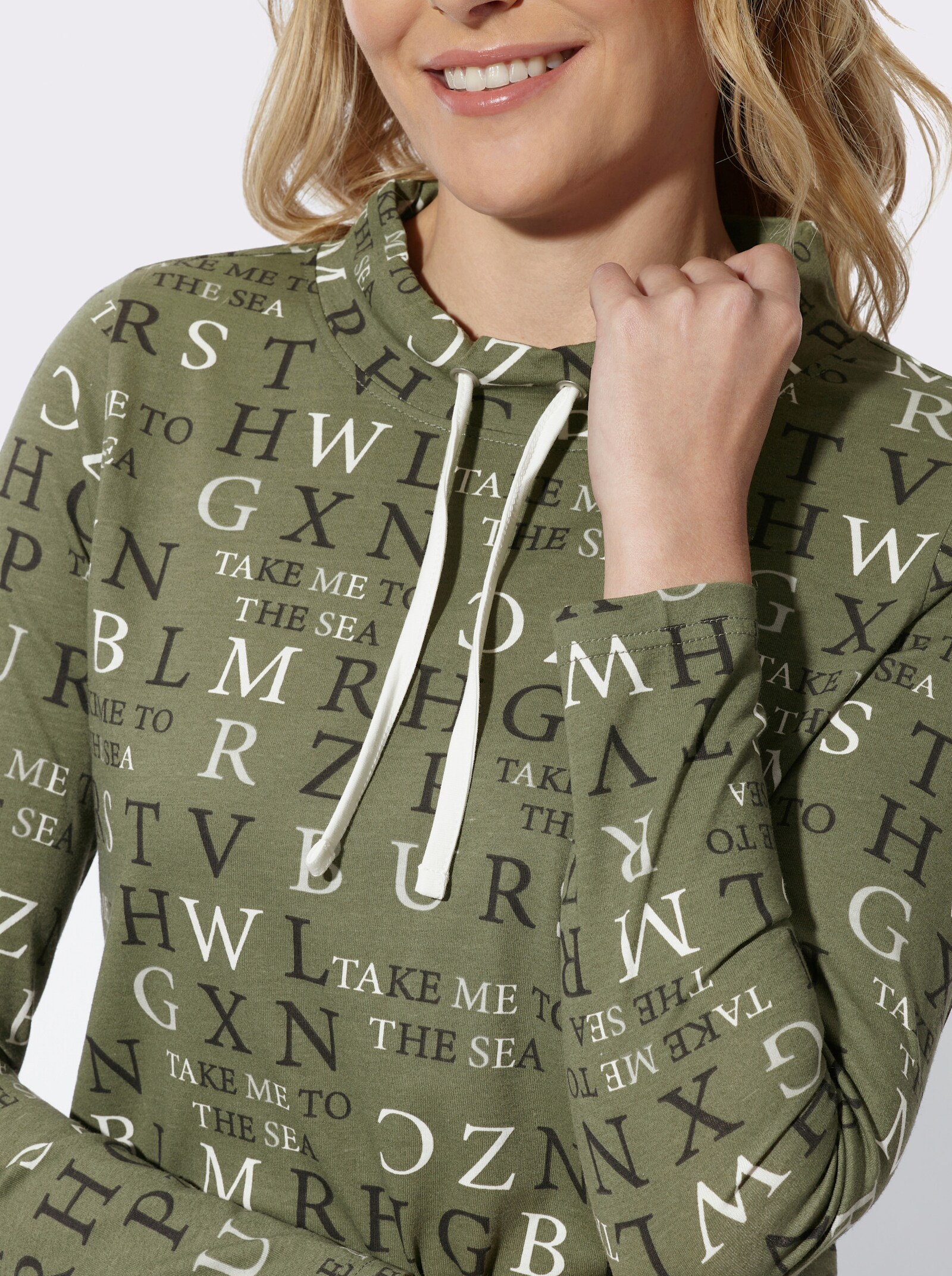 Stehkragenshirt mit Buchstabendruck - khaki-ecru-bedruckt