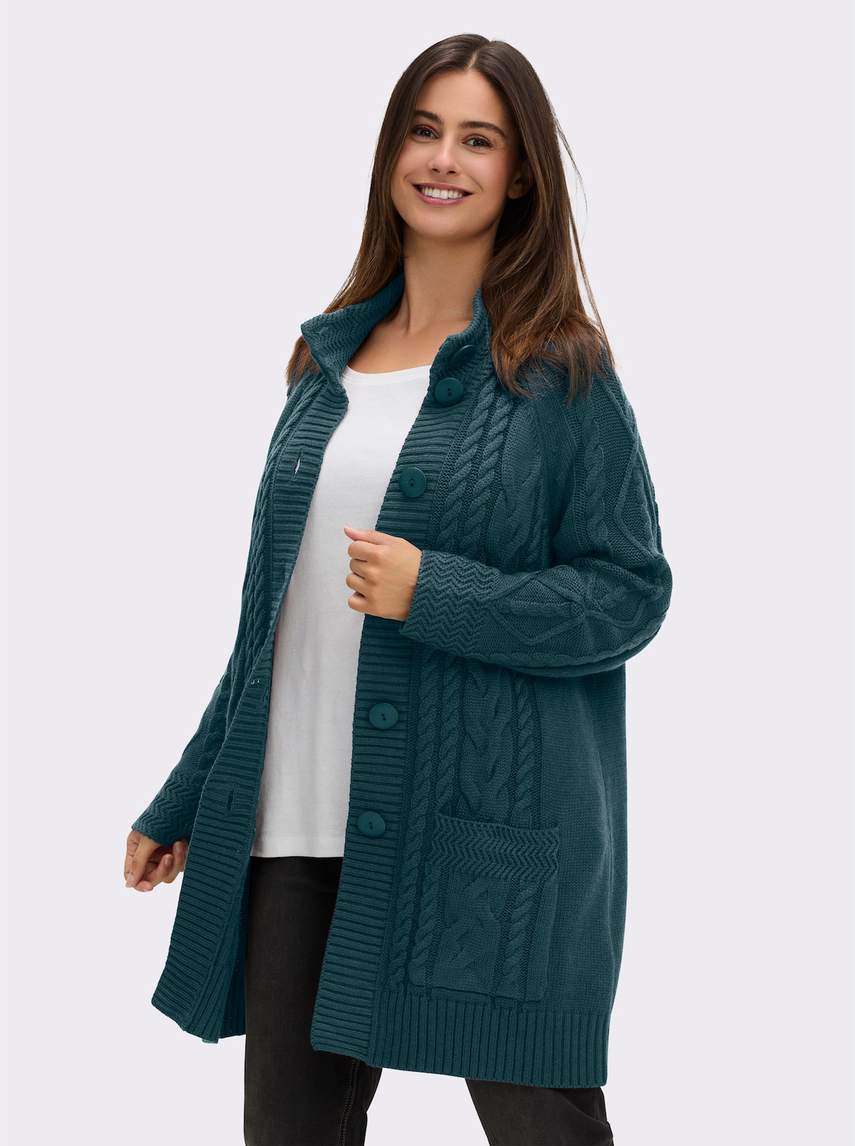 Longstrickjacke mit Einstrickmuster - petrol