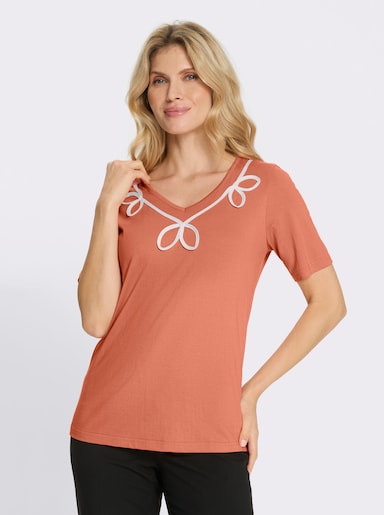 Rundhalsshirt mit Kontrast-Paspel am Ausschnitt - papaya