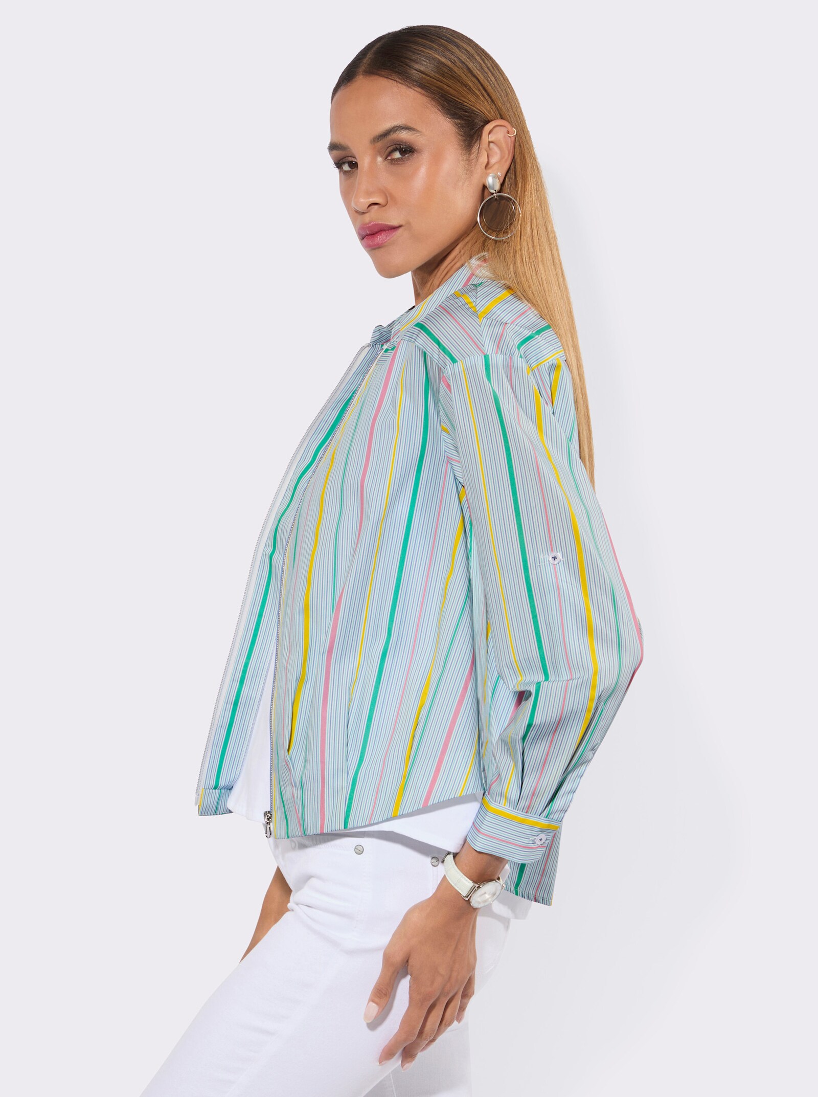 Hemdbluse mit Faltenpartie hinten - weiß-taubenblau-gestreift