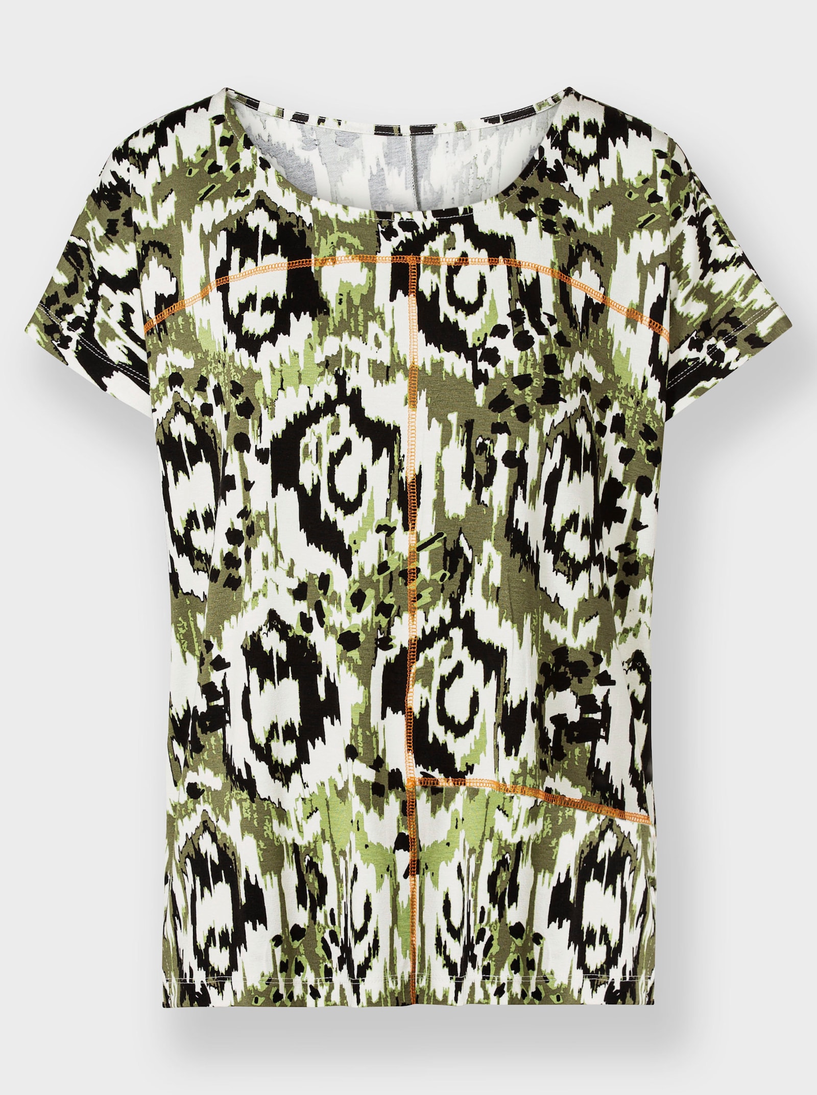 heine Rundhalsshirt mit kontrastfarbenen Ziernähten - champagner-oliv-bedruckt