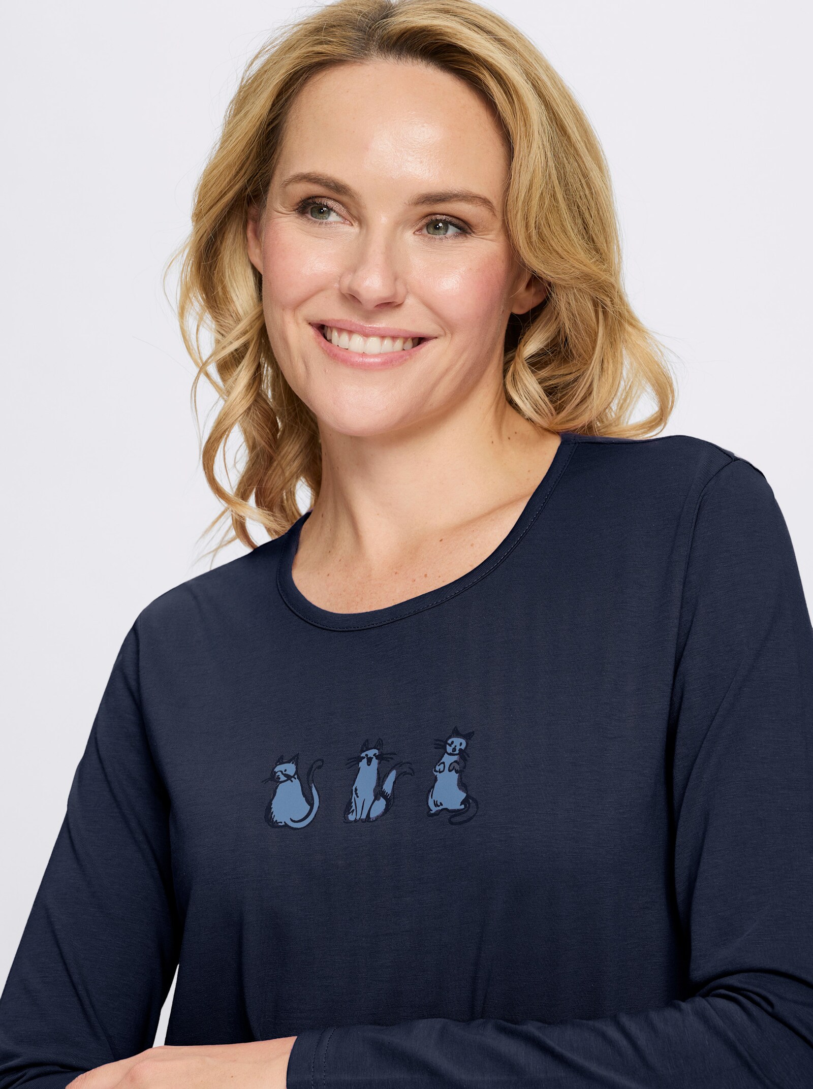 Rundhalsshirt mit Katzen-Motiv - marine-bleu