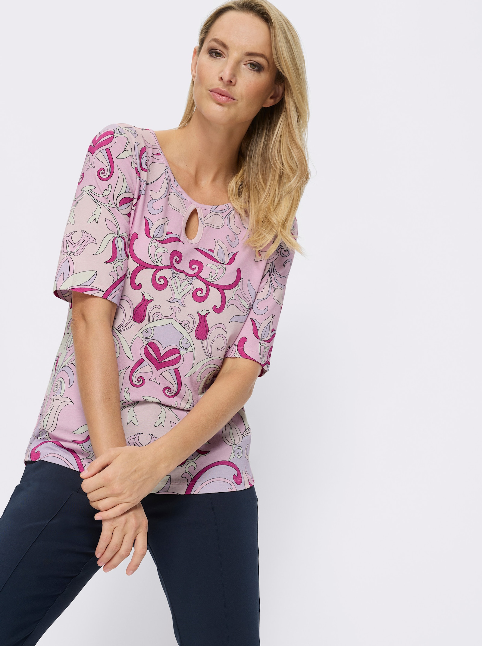 heine Kurzarmshirt mit Cut-outs - rosé-hellrosé-bedruckt
