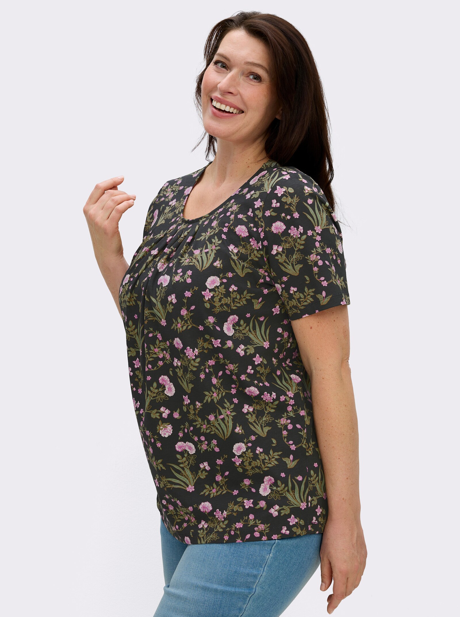 Kurzarmshirt mit Blümchenmuster - schwarz-rosé-bedruckt