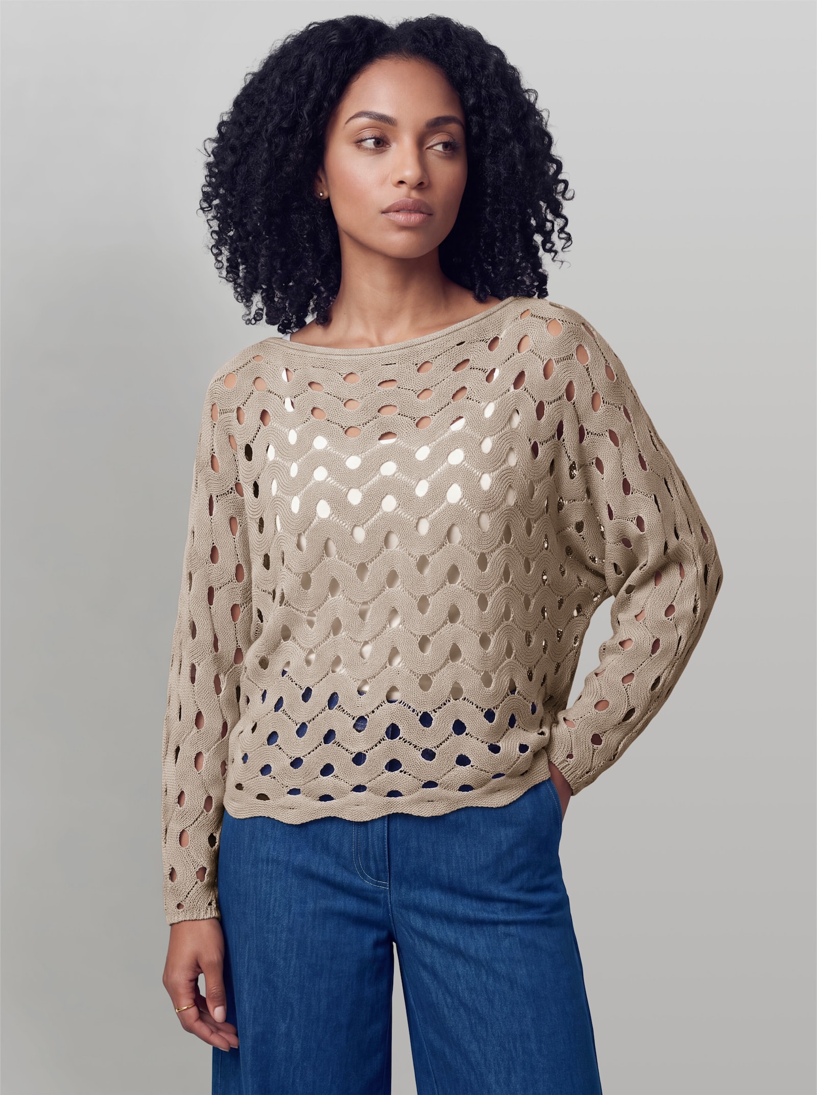 heine Ajourpullover mit Wellenmuster - sesam