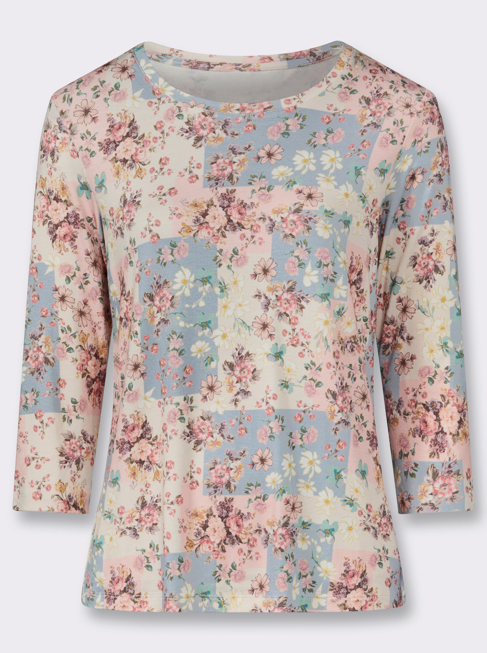 3/4-Arm-Shirt mit Blütendruck in Patch-Optik - champagner-bedruckt