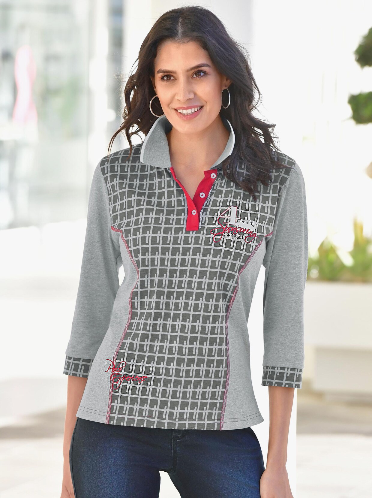 Poloshirt - grau-rot-gemustert