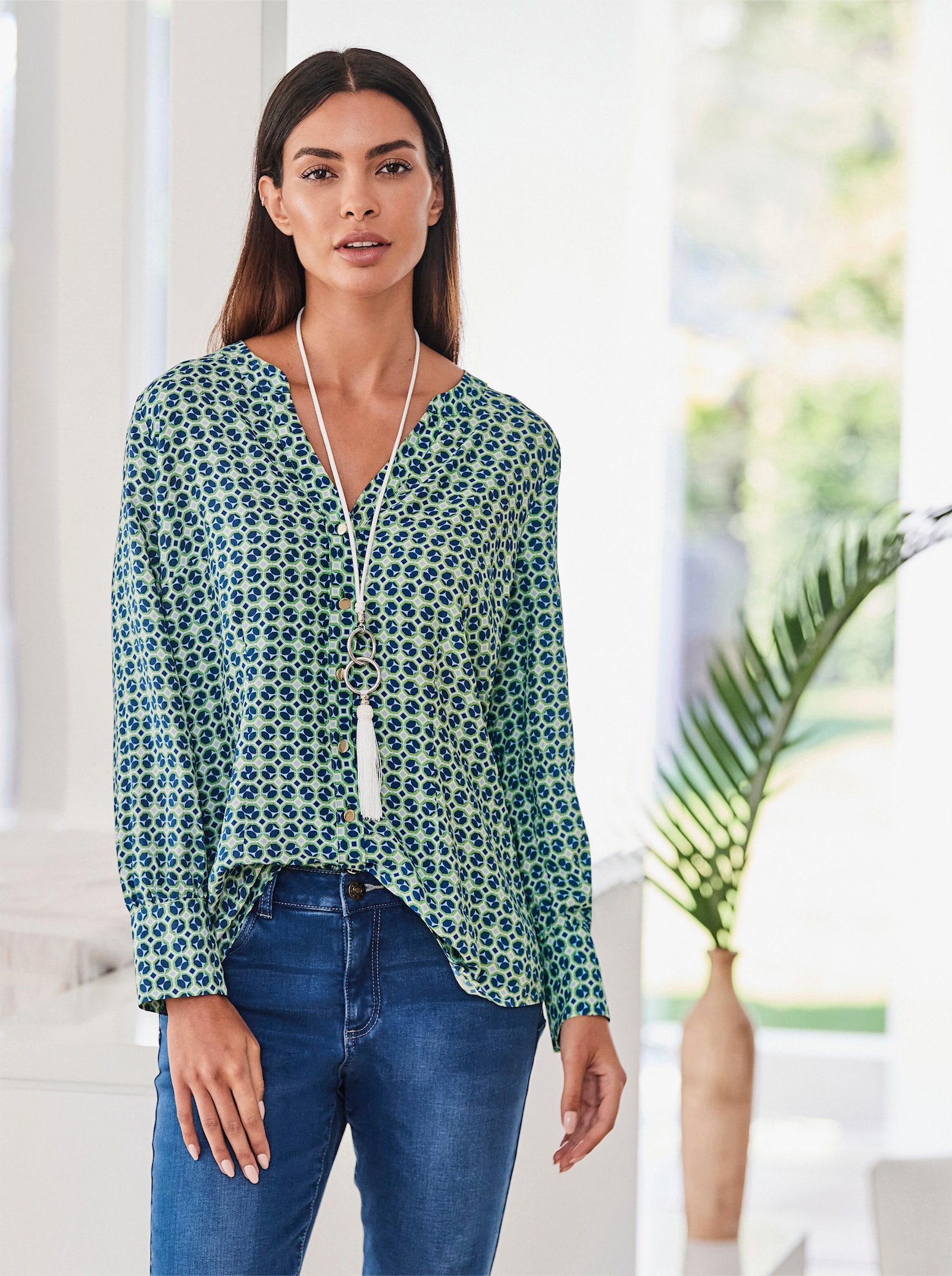 heine Chemisier à manches longues avec motif graphique - écru-bleu roi à motifs