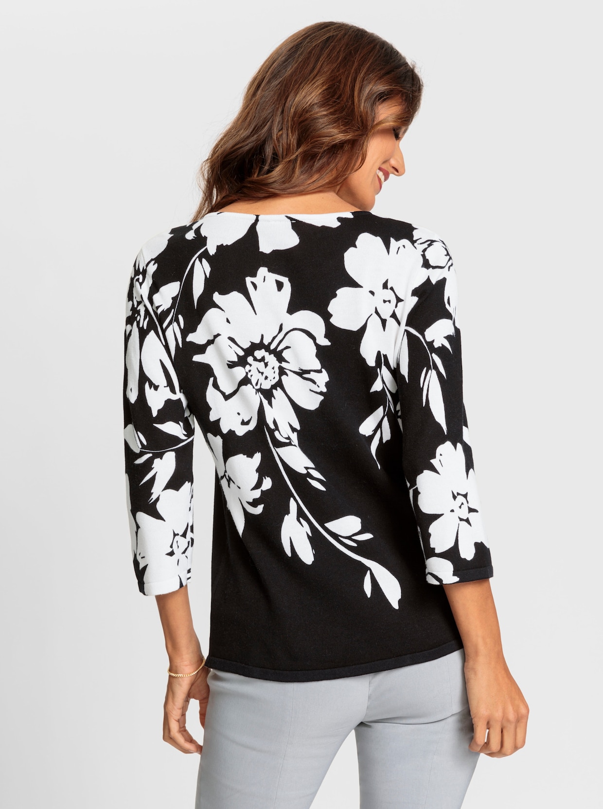 Feinstrickpullover - schwarz-ecru-bedruckt