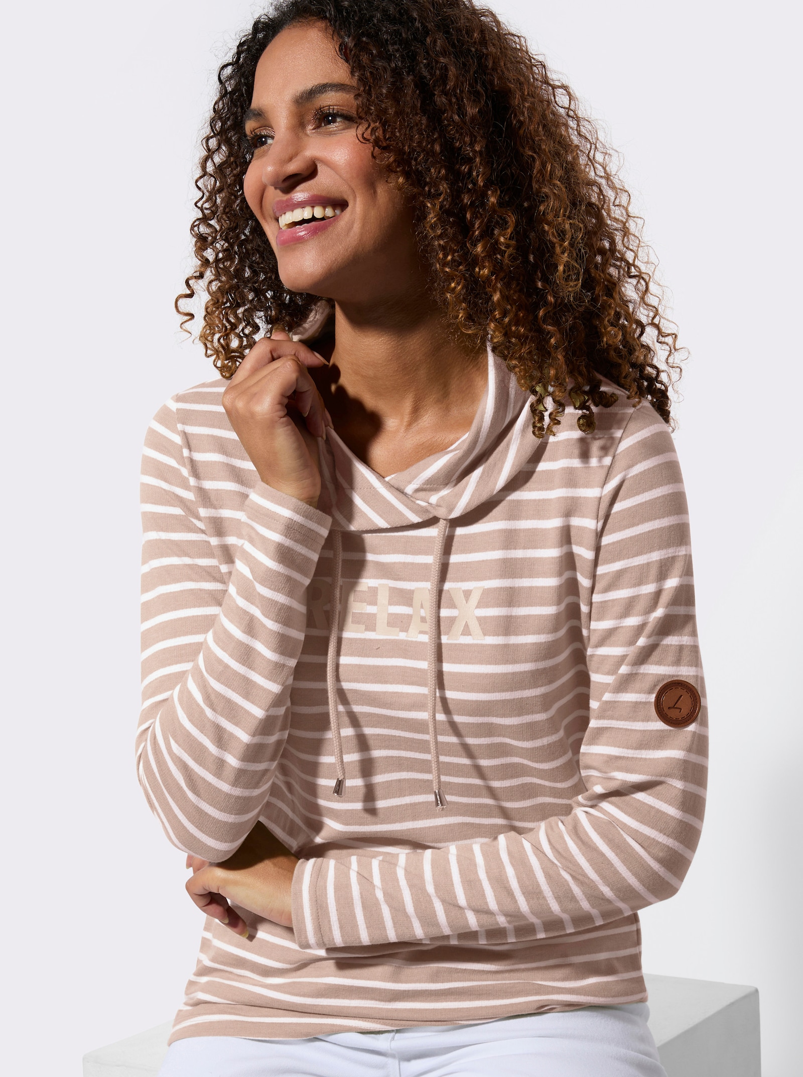 Sweatshirt mit regulierbarem Rollkragen - puder-weiß-geringelt