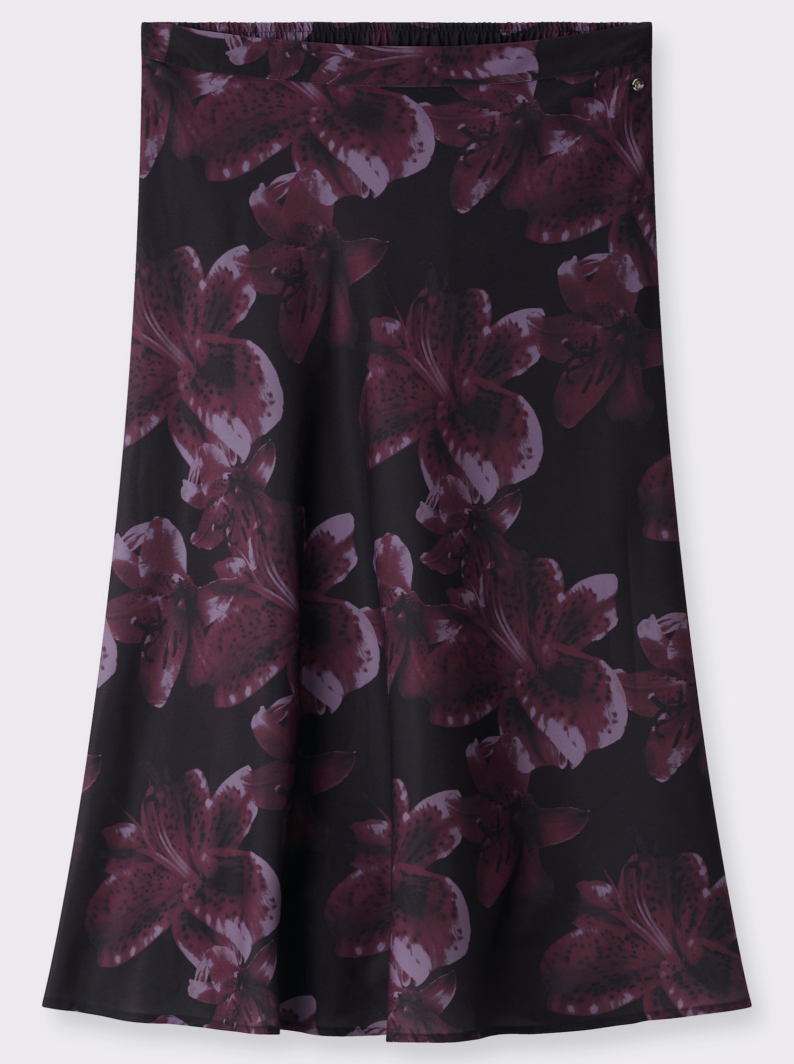 sheego Satinrock mit floralem Alloverprint - schwarz-burgund-bedruckt