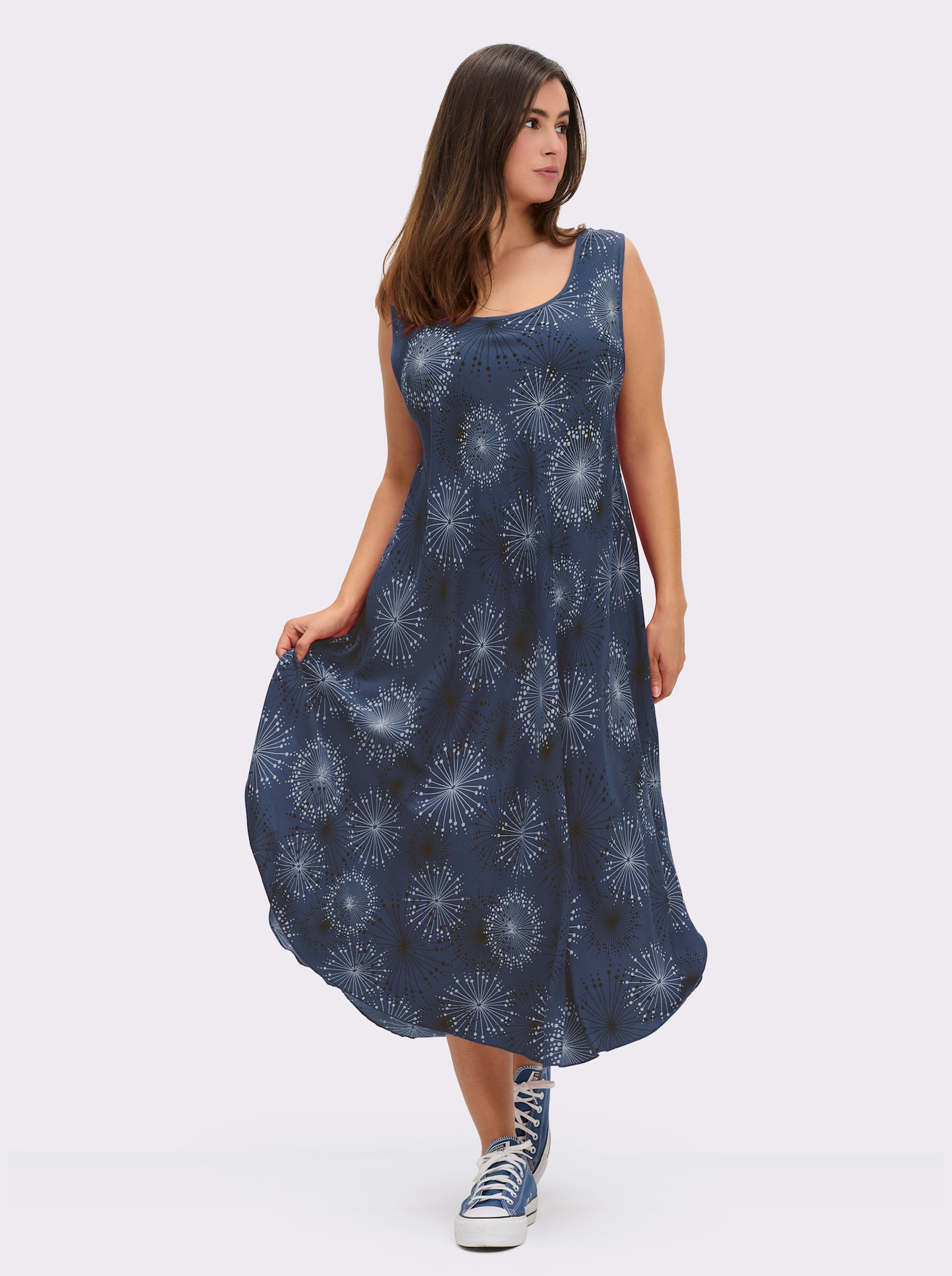 Druckkleid mit Blüten-Muster, figurumspielend - rauchblau-graphit-bedruckt