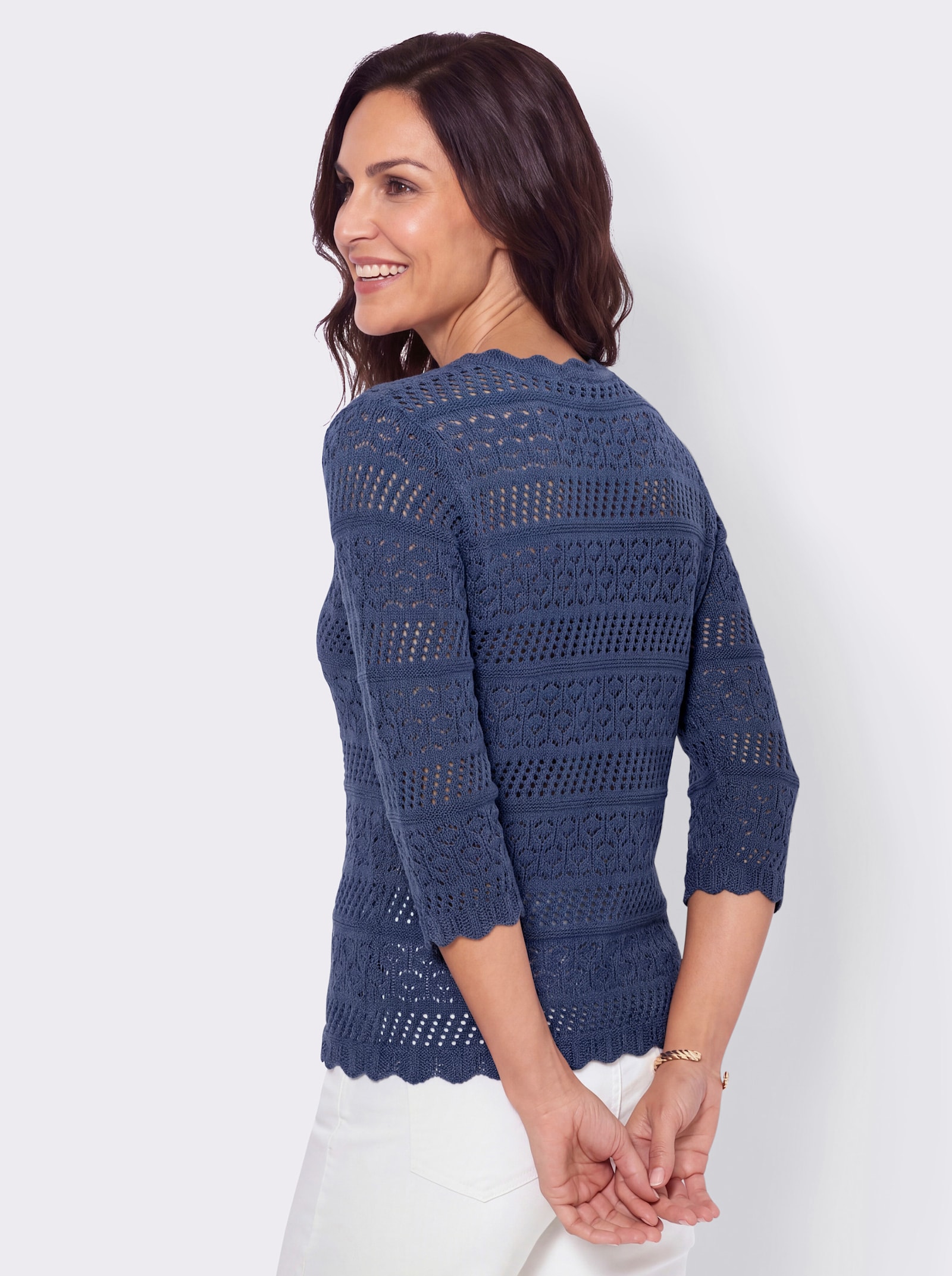 Ajourpullover mit gewellten Abschlüssen - jeansblau