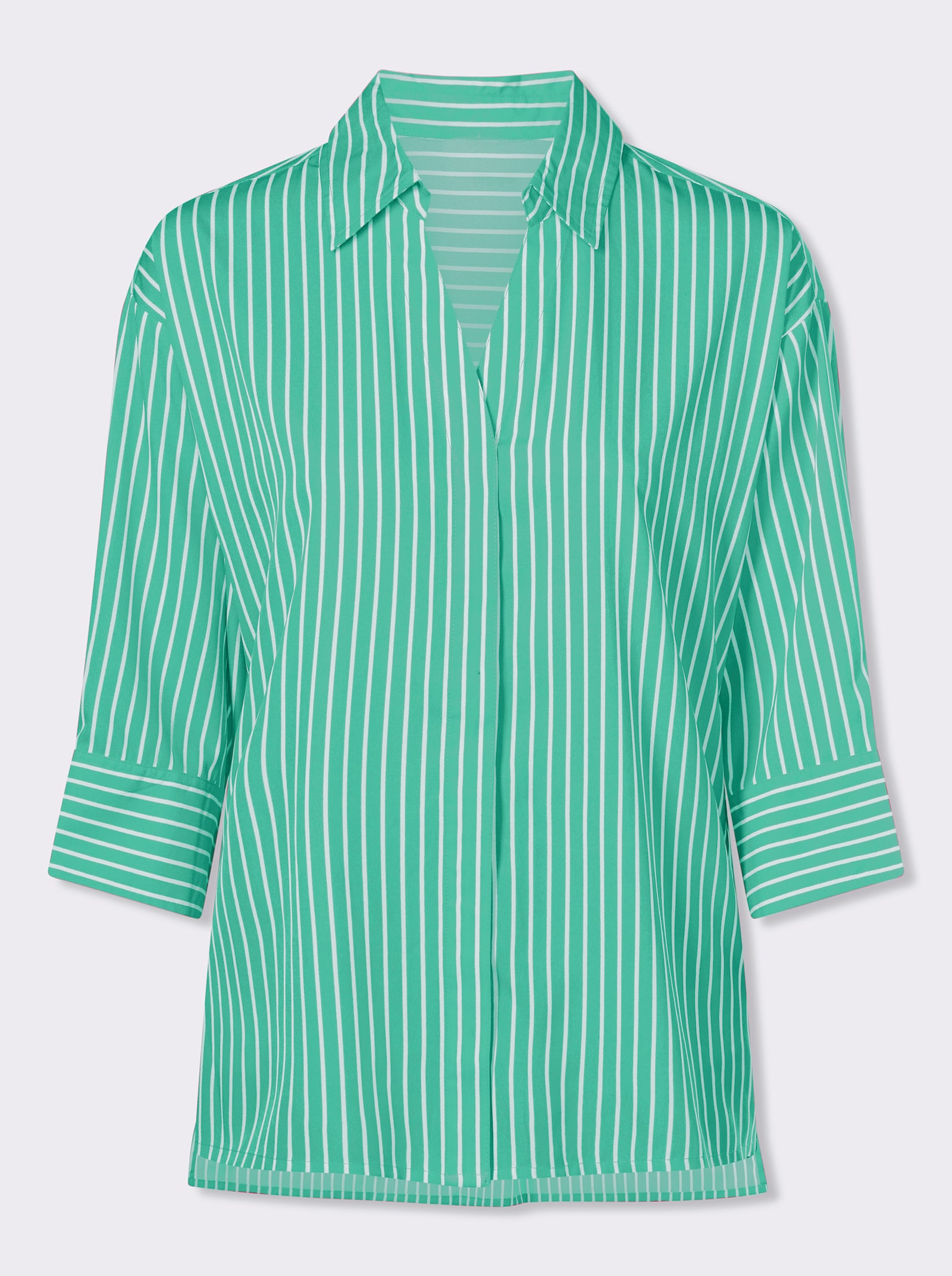 Lange blouse met stolpplooi achter - wit/blauwgroen gestreept