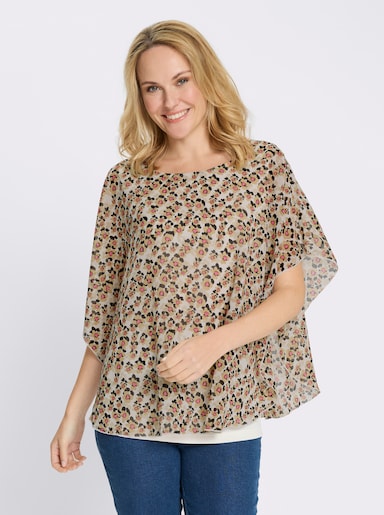 Schlupfbluse im Lagenlook - champagner-camel-bedruckt