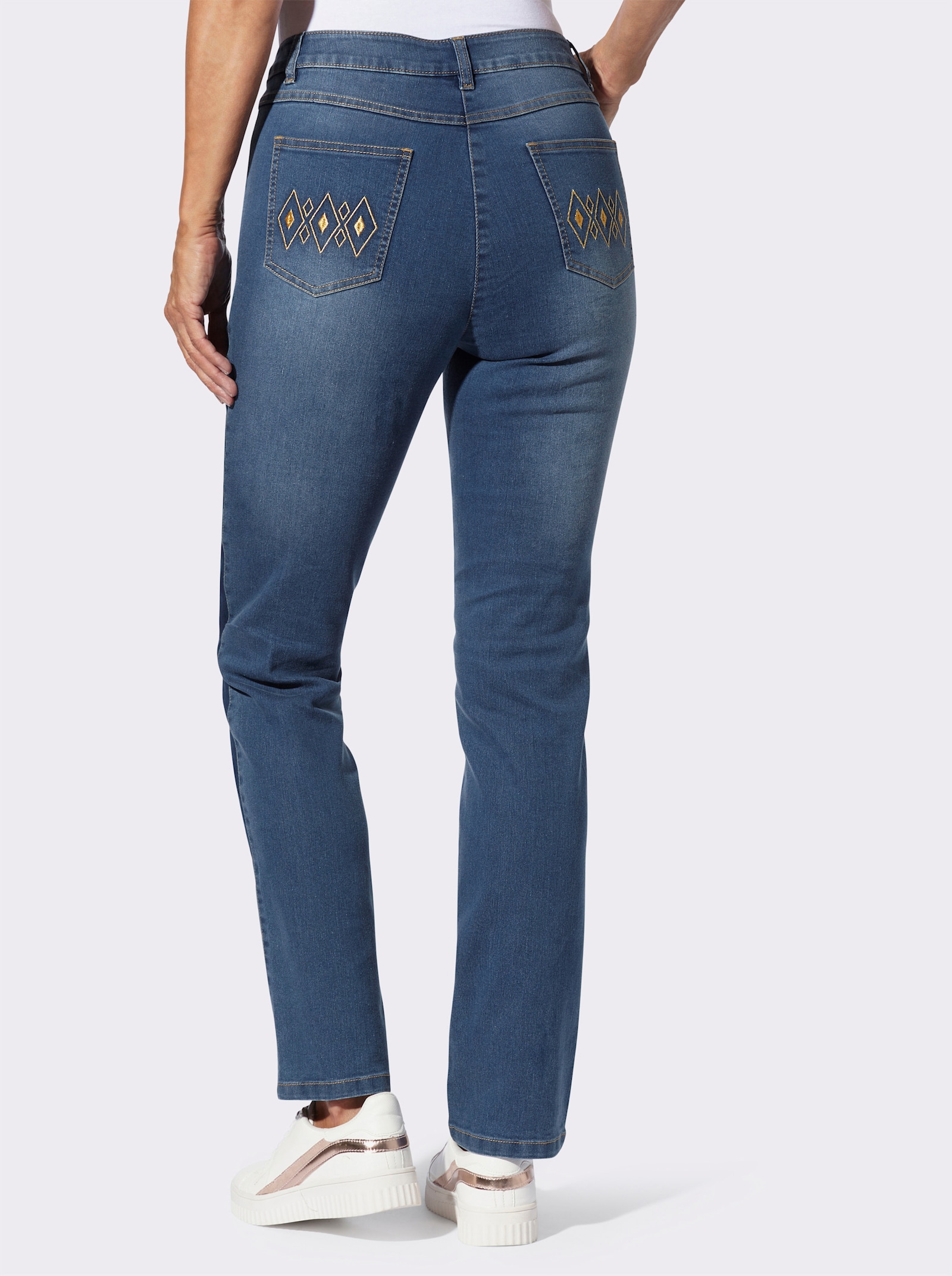 High-waist-Jeans mit goldfarbener Stickerei - blue-bleached