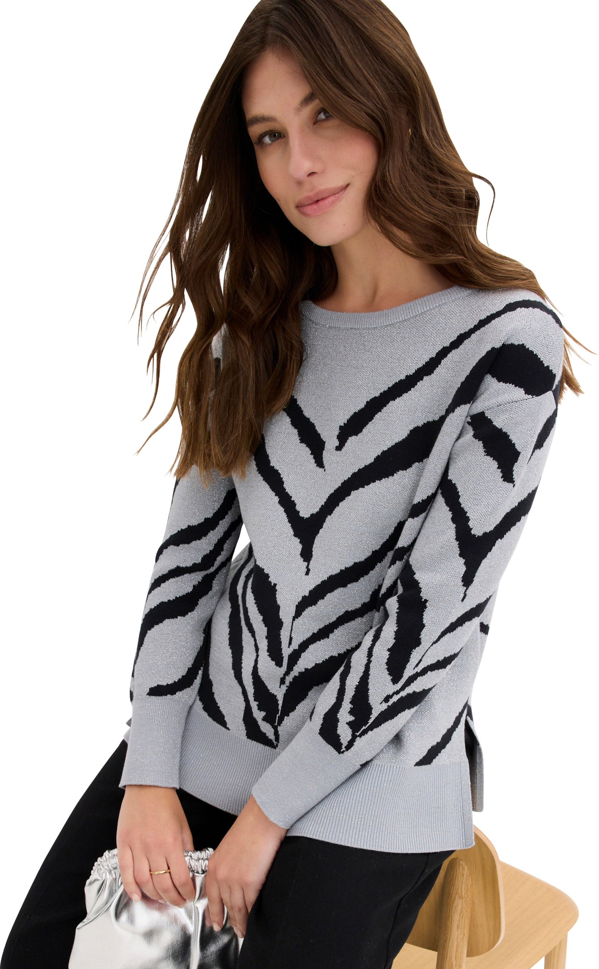 Inspirationen Damen Schwarz/Grau Rundhalspullover "Pullover", Gr. 36, (Stein, ), 43% Viskose, 31% Polyester, 21% Polyamid, 5% Metallisierte Fas... - Bild 4
