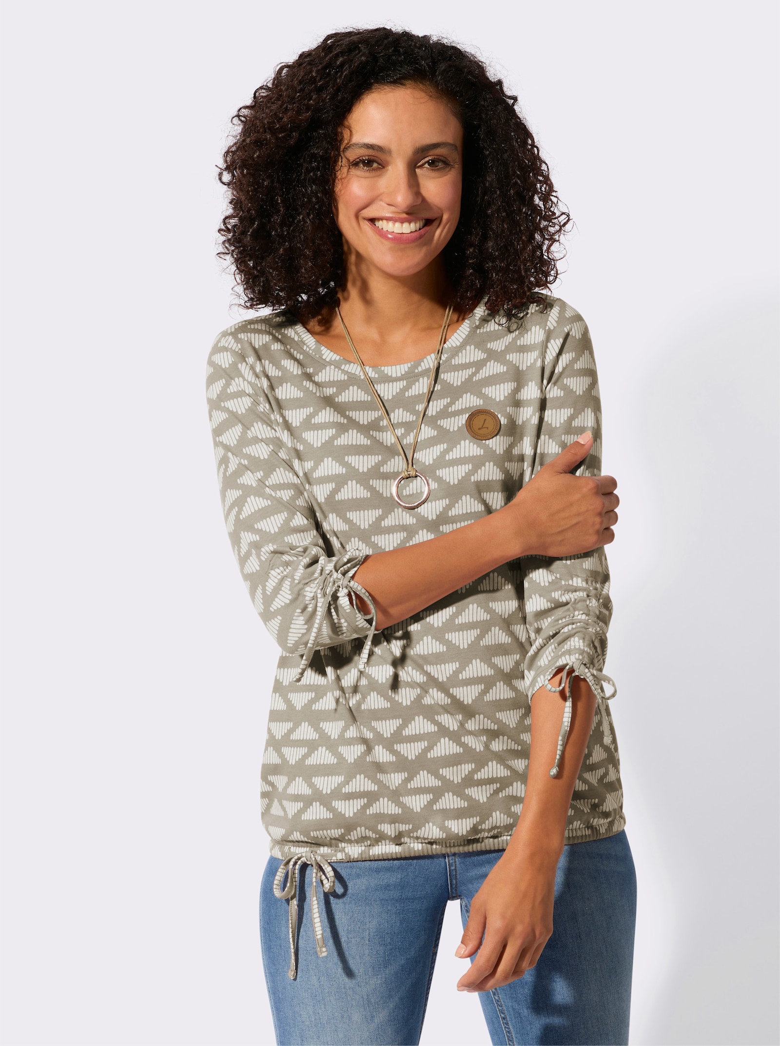 Rundhalsshirt im weichen Material-Mix - schlamm-ecru-bedruckt