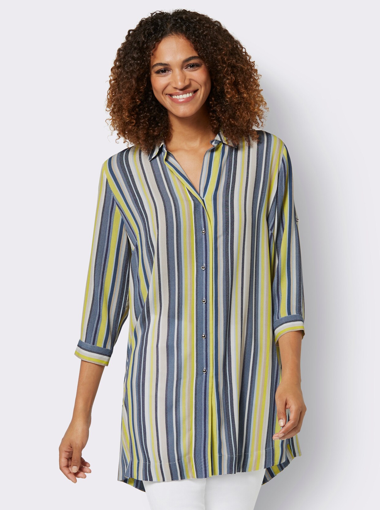 Longbluse - nachtblau-limone-gestreift
