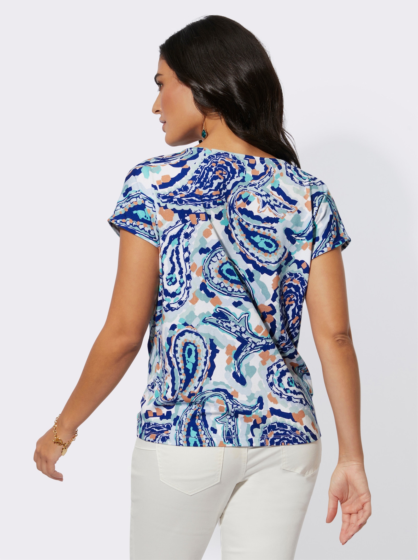 Rundhalsshirt mit Knotendetail - ecru-kalkmint-bedruckt