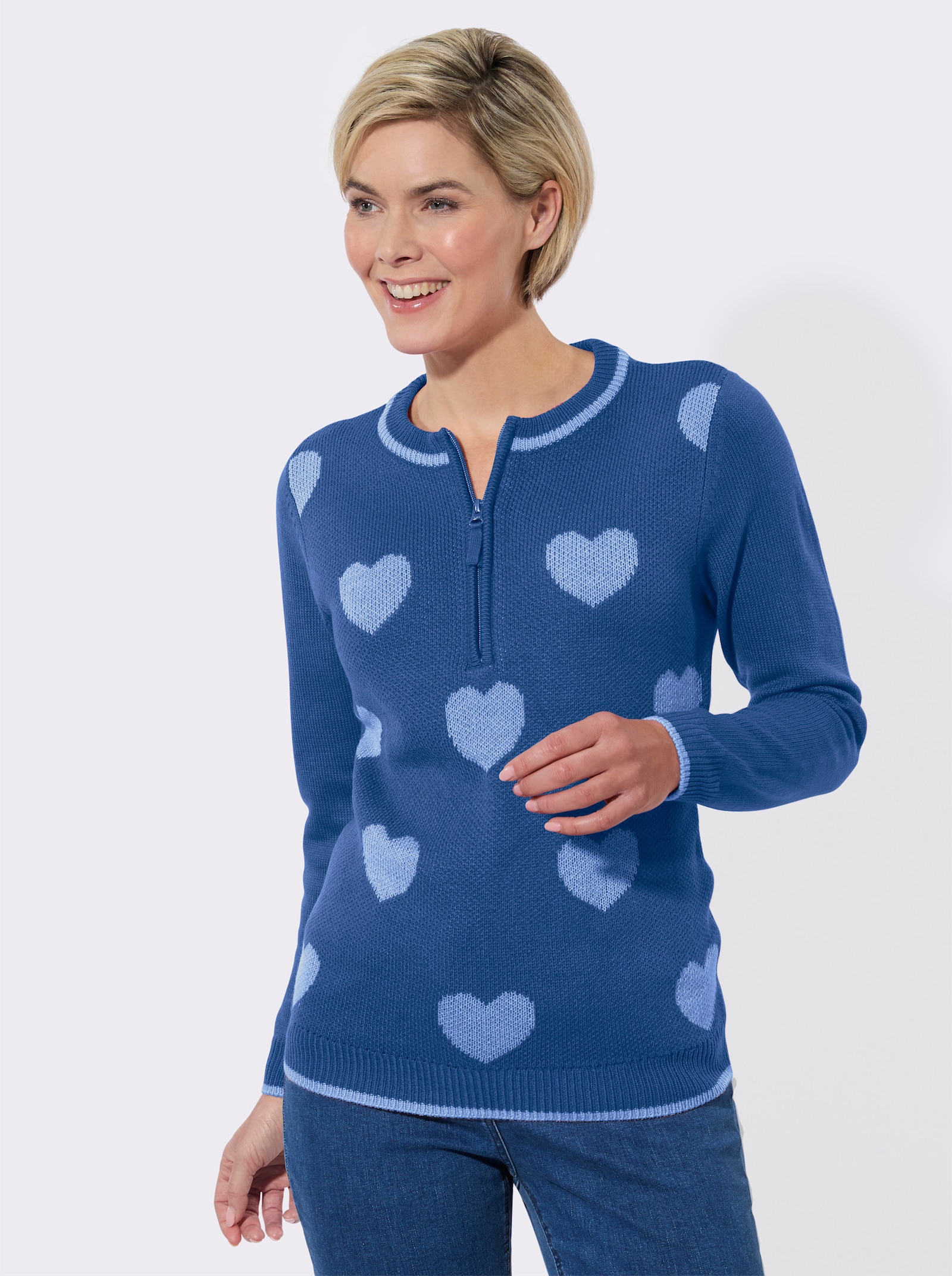 Langarm-Pullover mit Herz-Muster - mittelblau-eisblau-gemustert