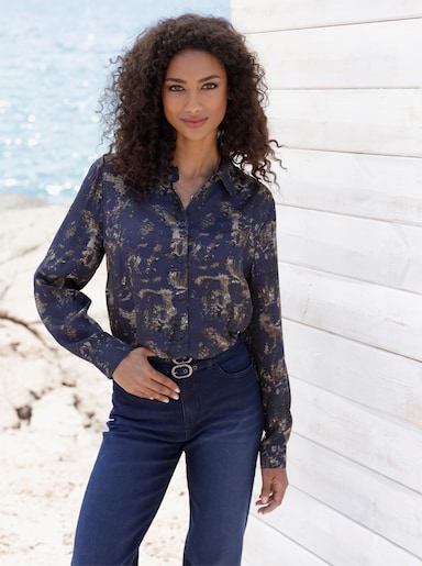 heine Satinbluse - marine-sesam-bedruckt
