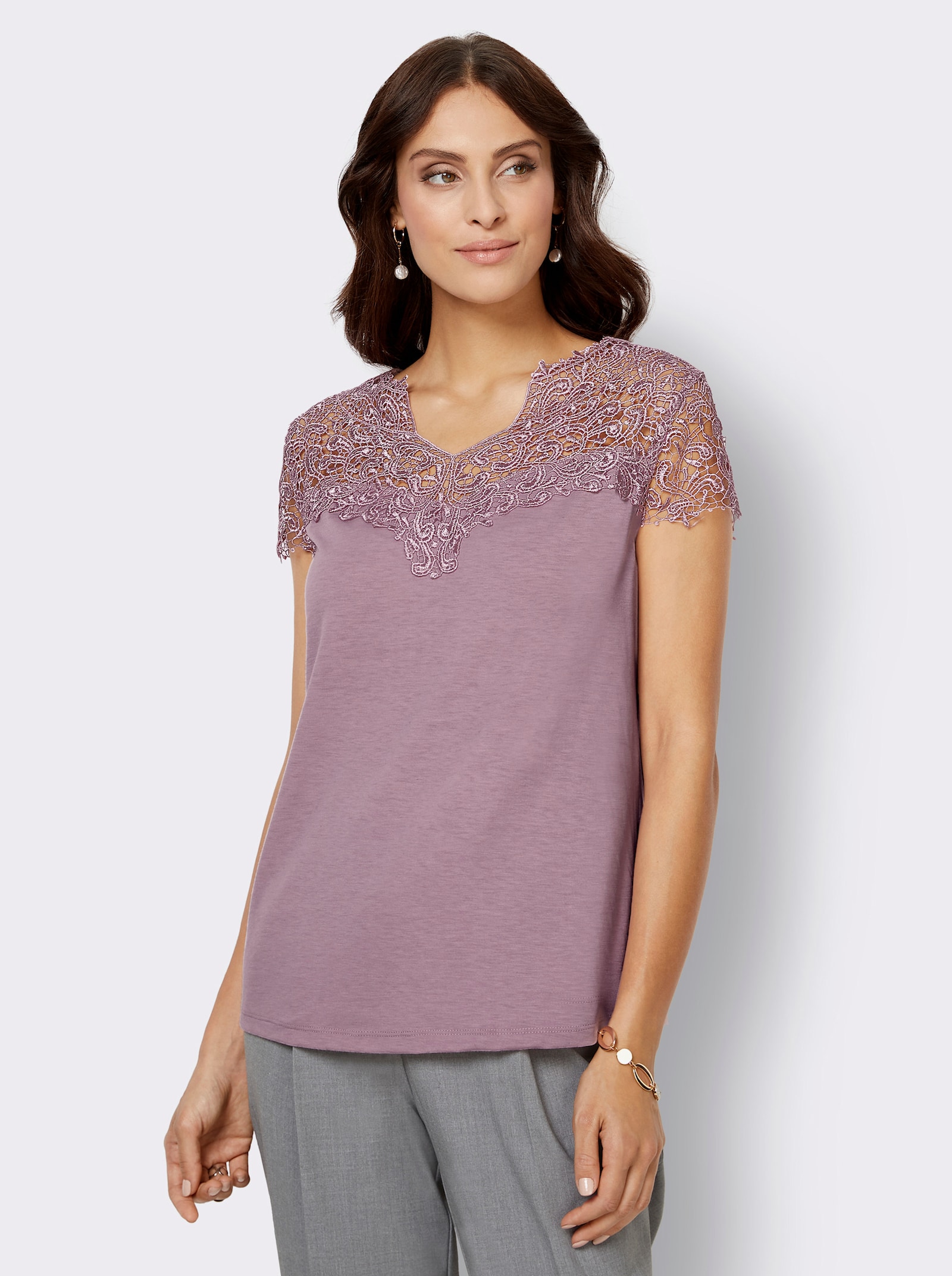 Spitzenshirt mit transparenter Spitze - mauve