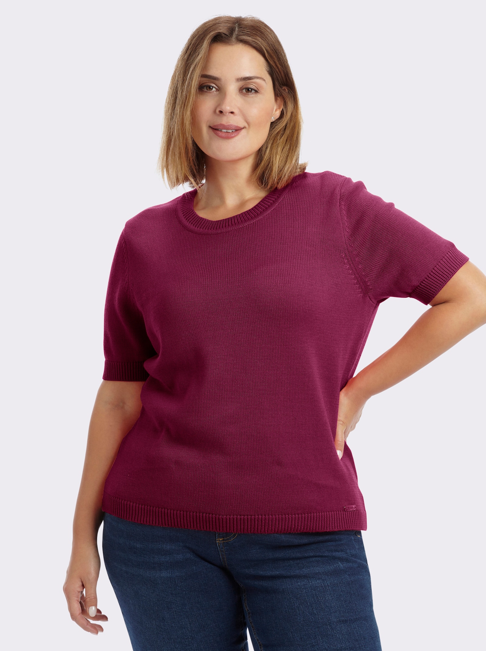 Kurzarmpullover mit Rippabschlüssen - fuchsia