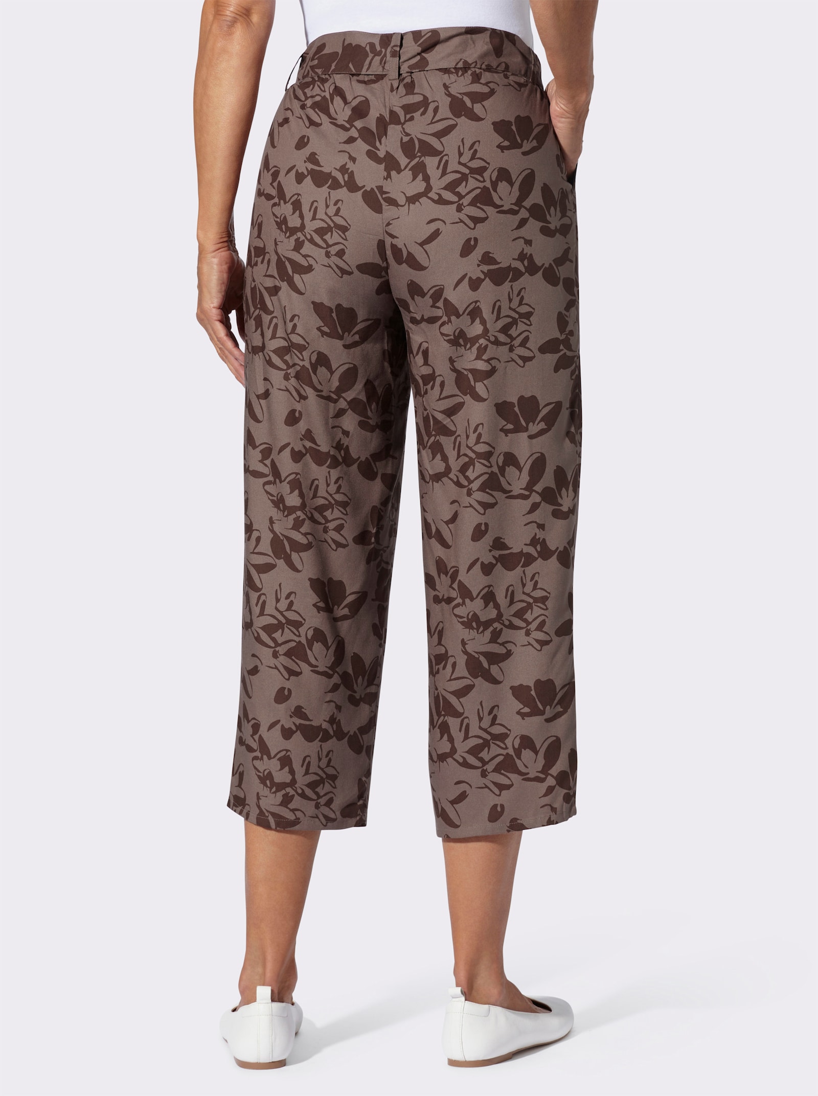 7/8 kalhoty s potištěným páskem na zavázání - tmavá taupe-čokoládová-potisk