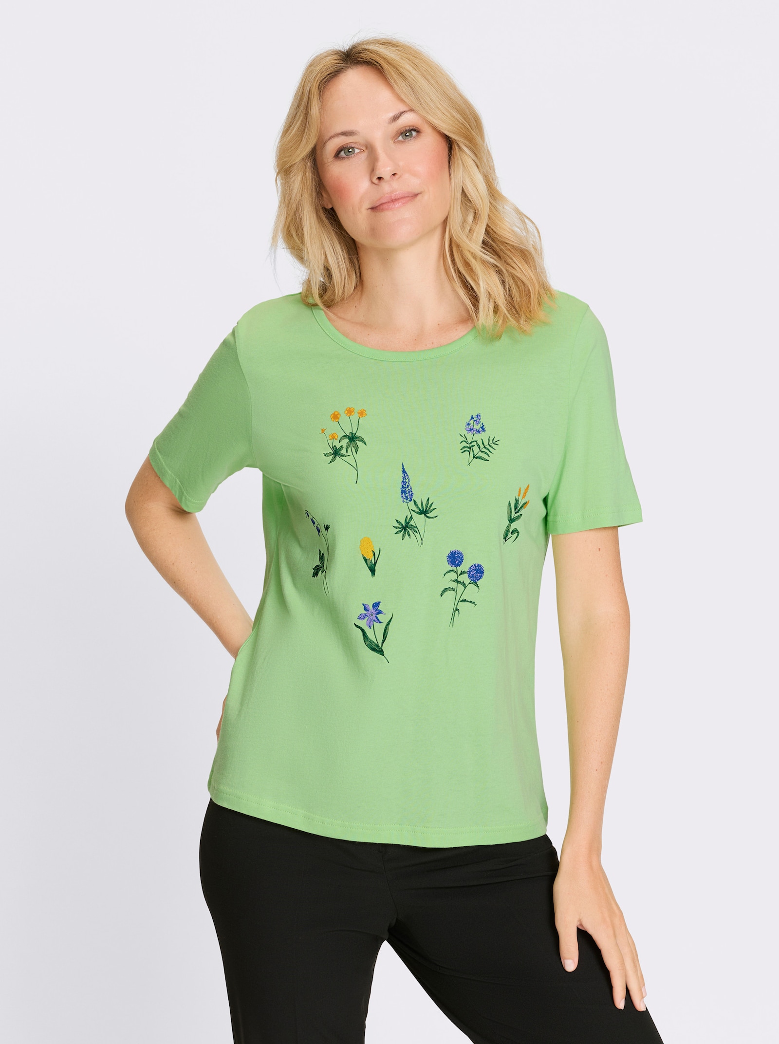 Shirt met korte mouwen en weidebloemenprint - resedagroen