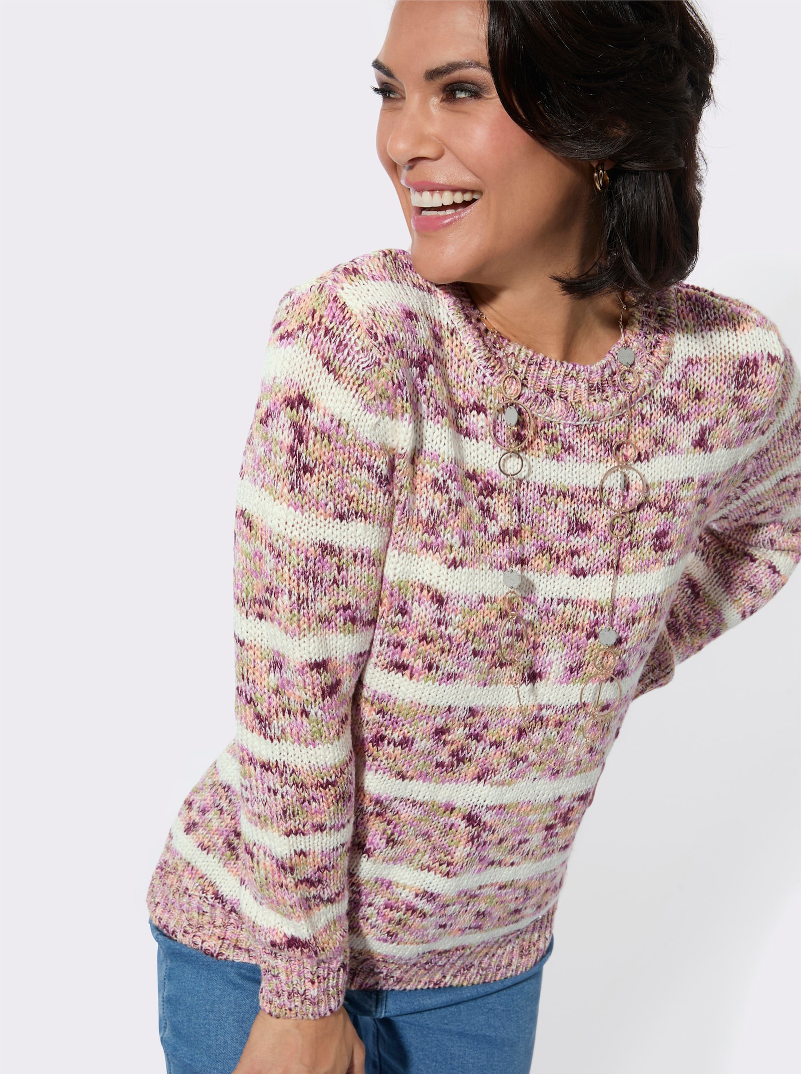 Rundhalspullover in Melange-Optik - mauve-ecru-geringelt