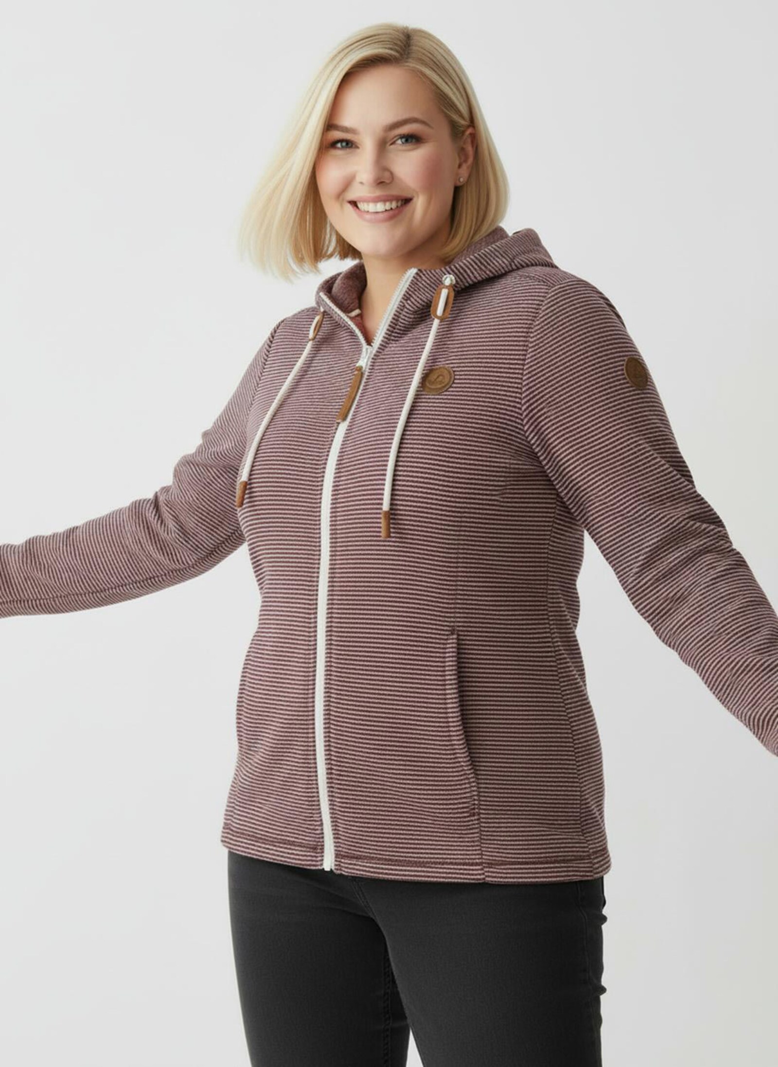 Fleecejacke mit Nahttaschen - rotbraun-ecru-geringelt