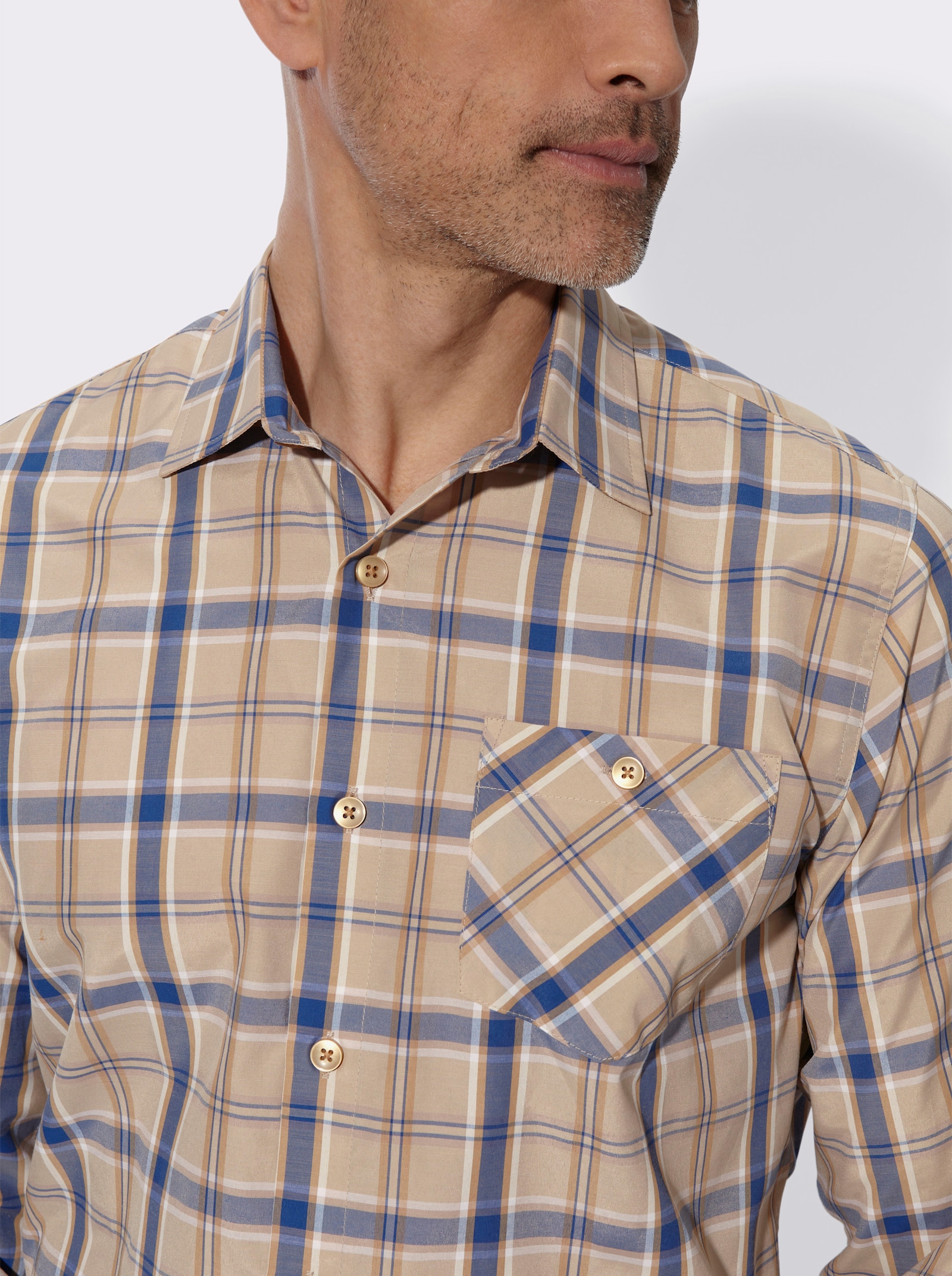 Karohemd in Baumwoll-Mischung - beige-jeansblau-kariert