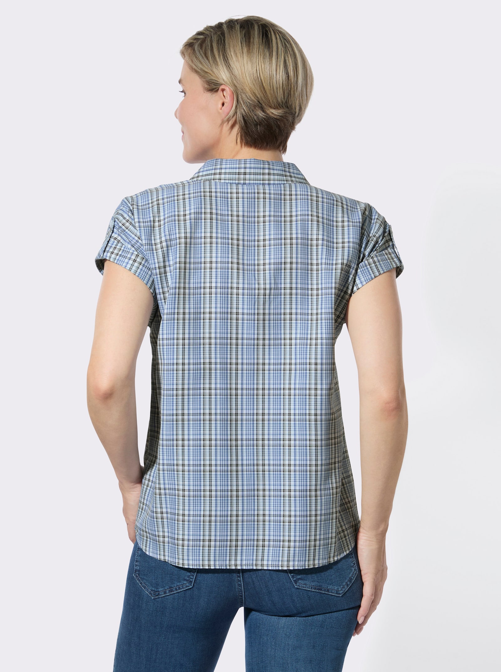 Karobluse mit Hemdkragen - mittelblau-weiß-kariert