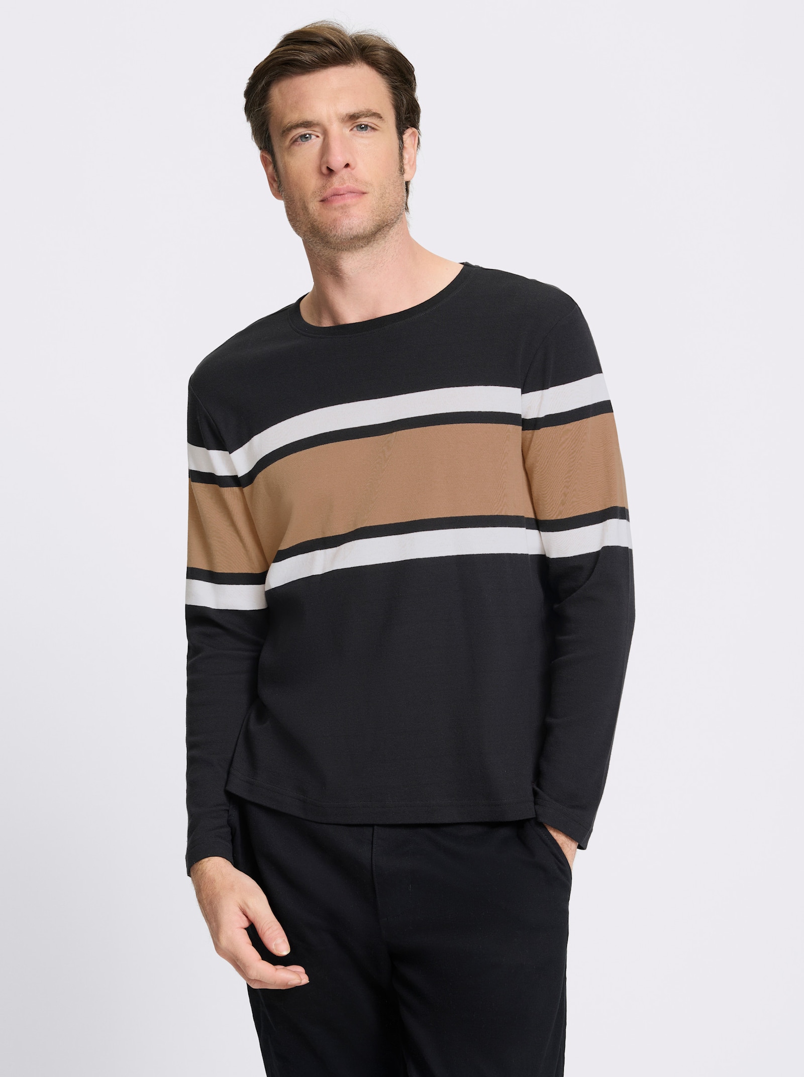 Marco Donati Langarmshirt in Ripp-Optik, garngefärbt - schwarz-camel