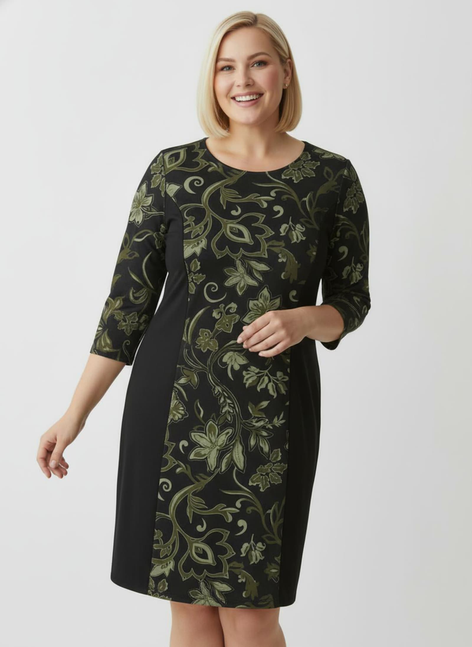 Jerseykleid im floralen Dessin - schwarz-oliv-bedruckt