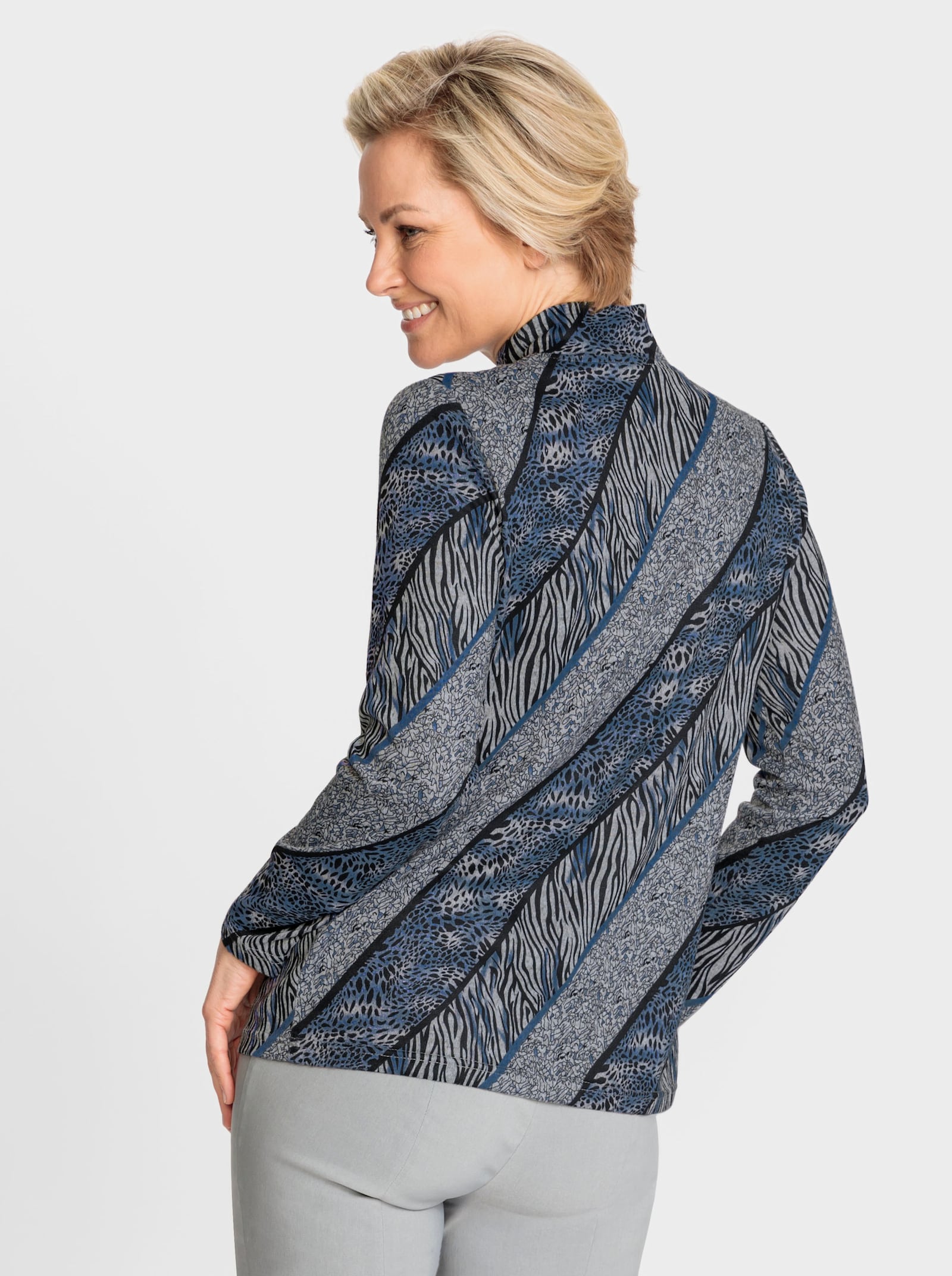 Langarmshirt mit Stehkragen - royalblau-schwarz-bedruckt